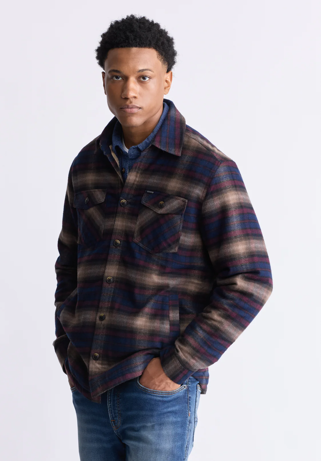 Jalika Men's Plaid Shacket with Sherpa Lining, Whale & Beige - BM24447 - Image 4