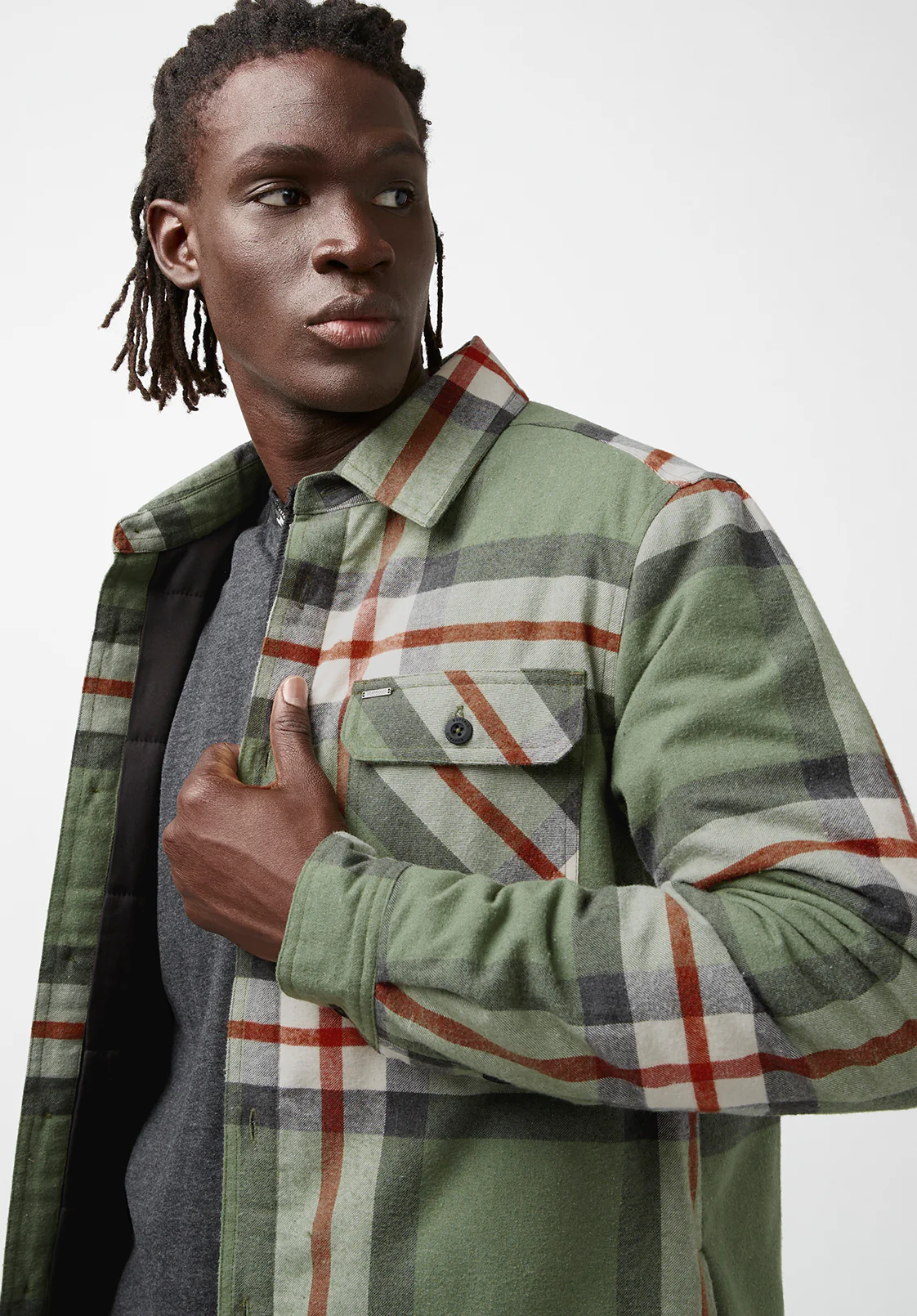 Jomon Men’s Shacket in Green Grey Plaid - BM24103 - Image 2