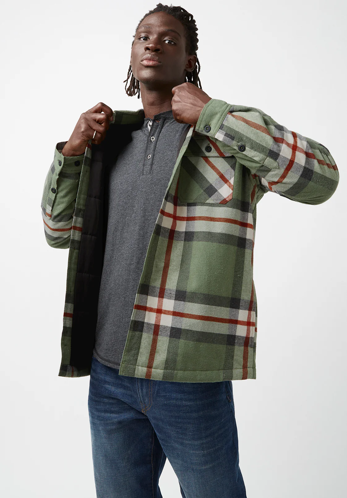 Jomon Men’s Shacket in Green Grey Plaid - BM24103 - Image 4