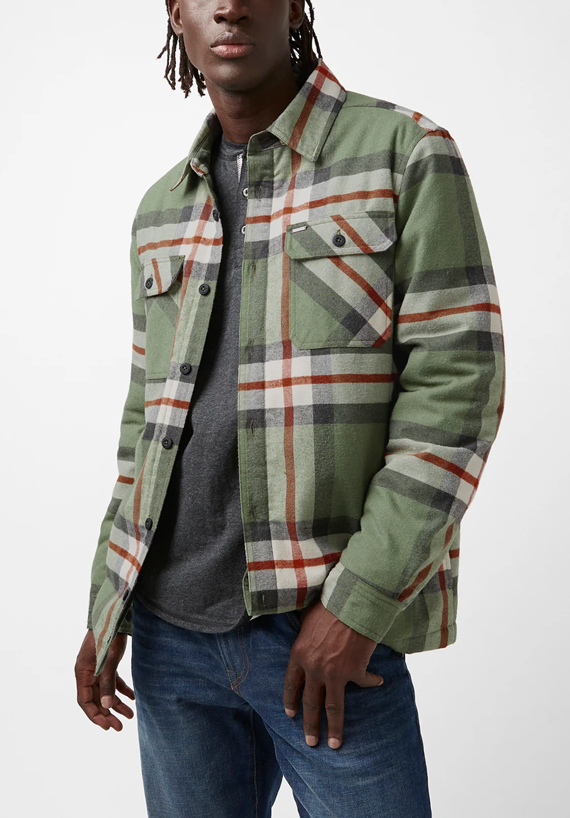 Jomon Men’s Shacket in Green Grey Plaid - BM24103 - Image 5