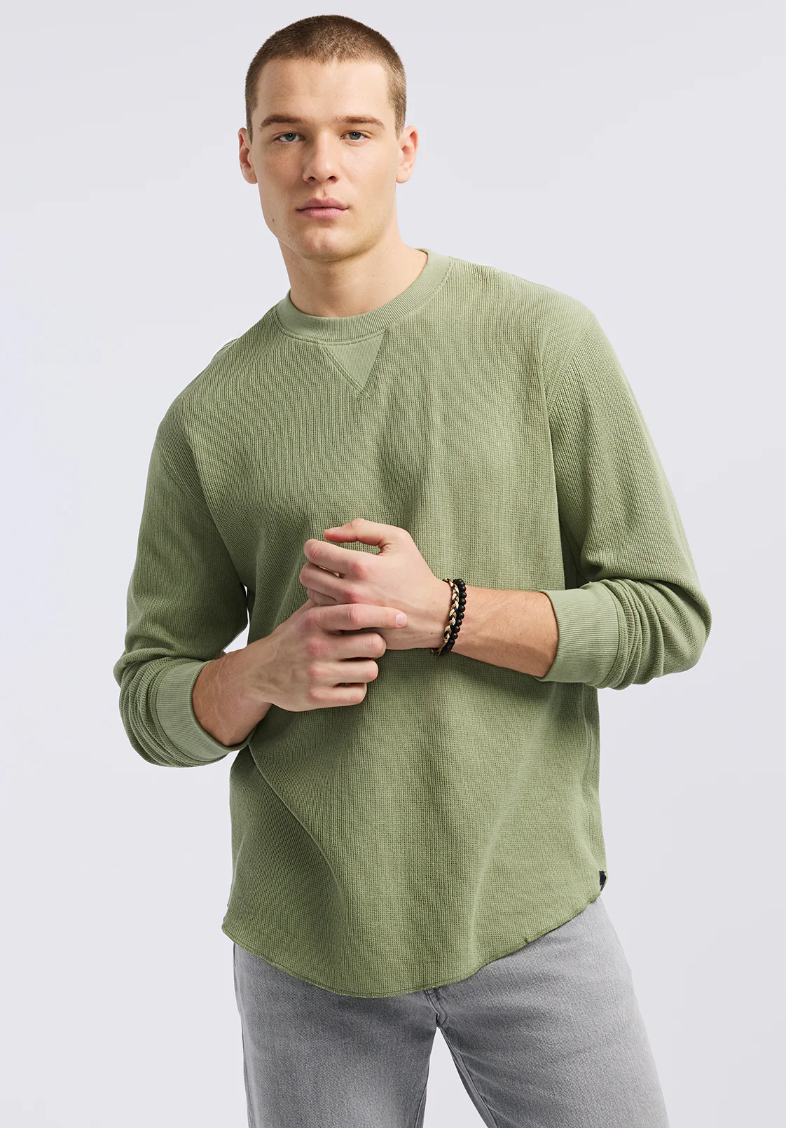 Kaleb Men's Long-Sleeve Crewneck Top, Hedge Green - BM24624 - Image 2