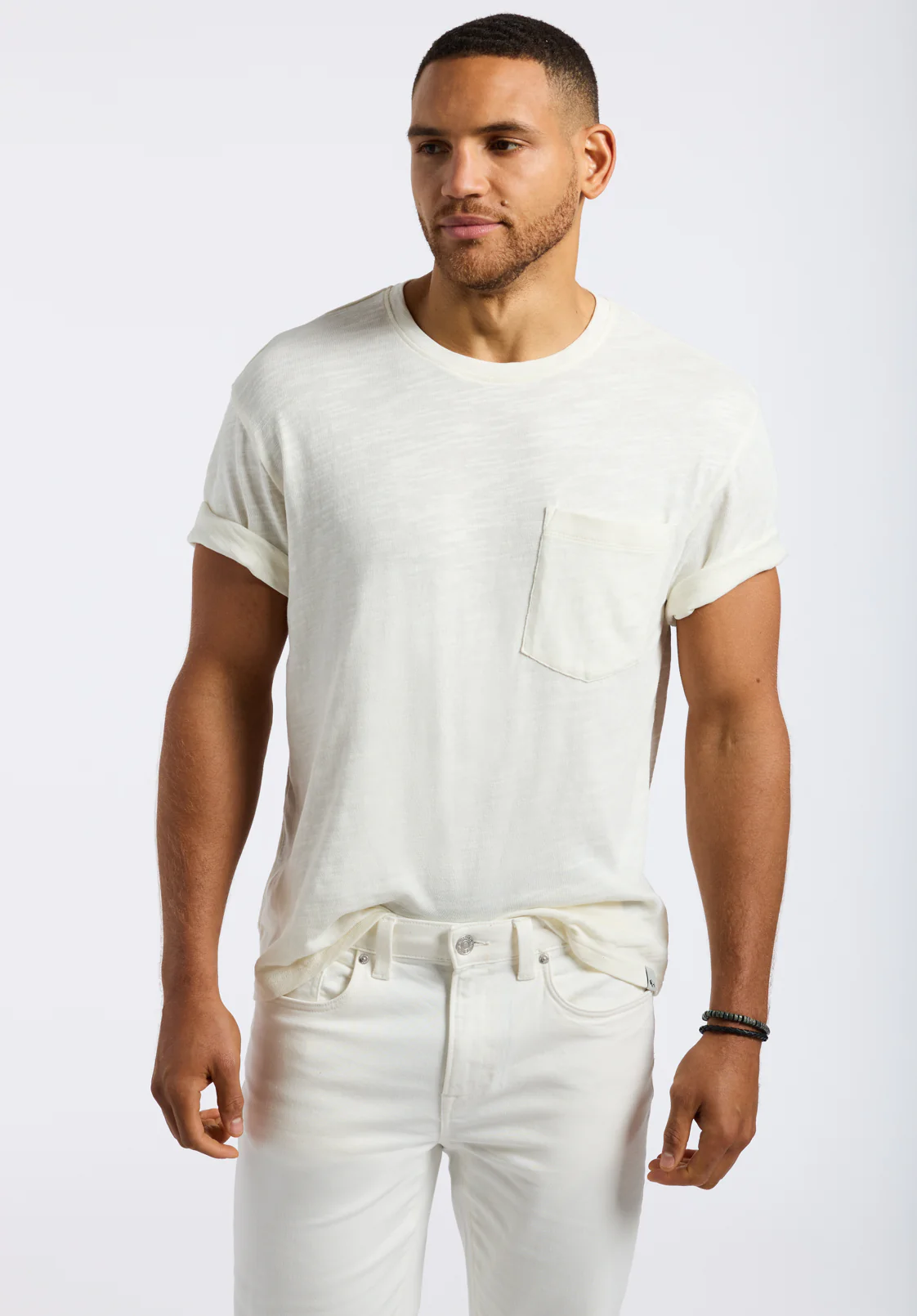 Kander Men's Slub Knit Crew Neck Pocket T-Shirt, Milk - BM24606 - Image 4