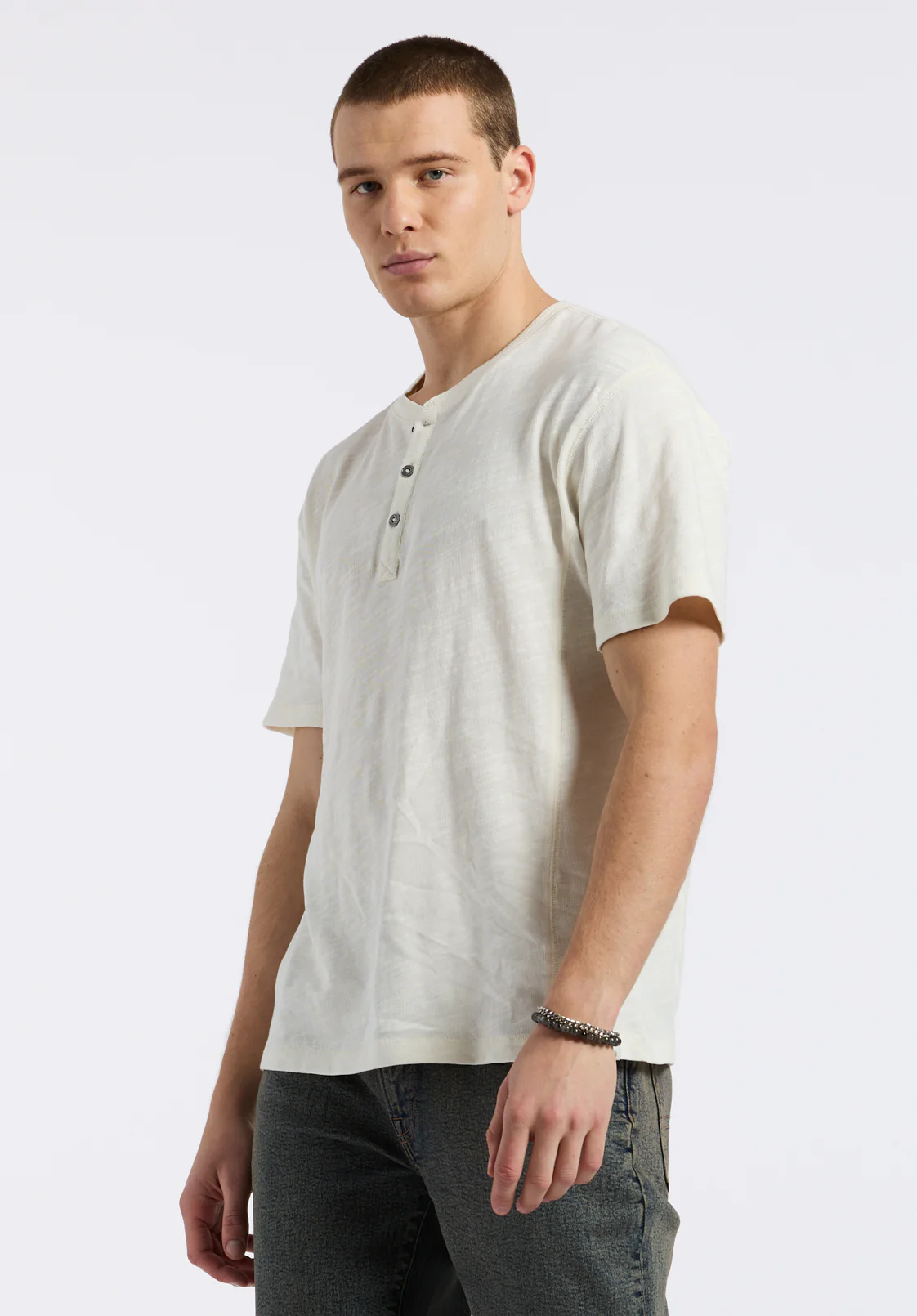 Kandido Men's Short Sleeve Slub Jersey Relaxed Henley Top, Milk - BM24605 - Image 3