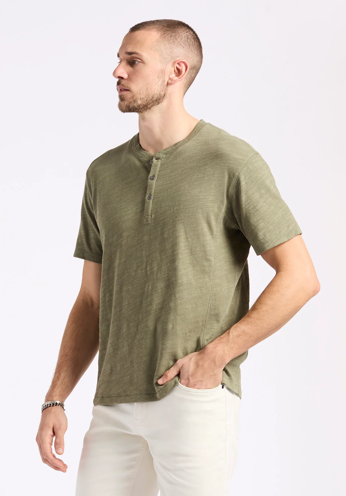 Kandido Men's Short Sleeve Slub Jersey Relaxed Henley Top, Army Green - BM24605 - Image 3