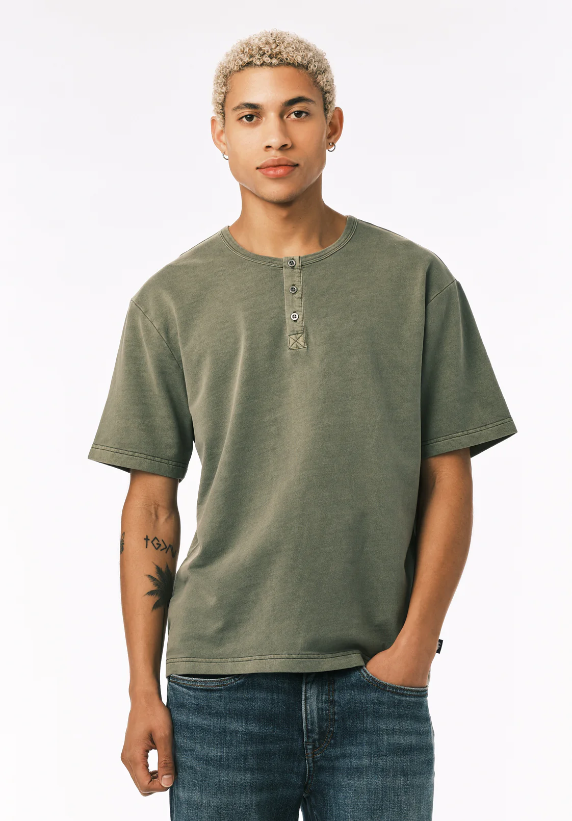 Kandor Men’s Short Sleeve Henley, Army Green - BM24782 - Image 3