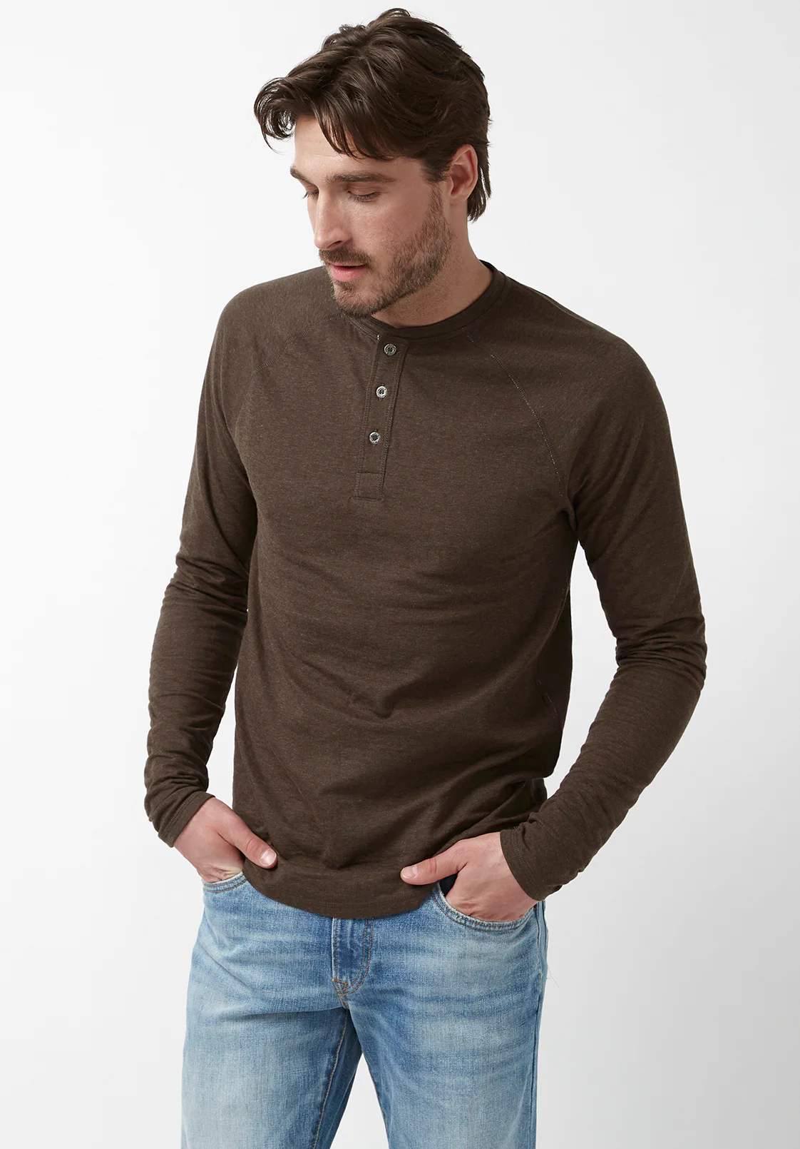 Kariver Men's Long-Sleeve Henley Top in Brown - BM24026 - Image 2