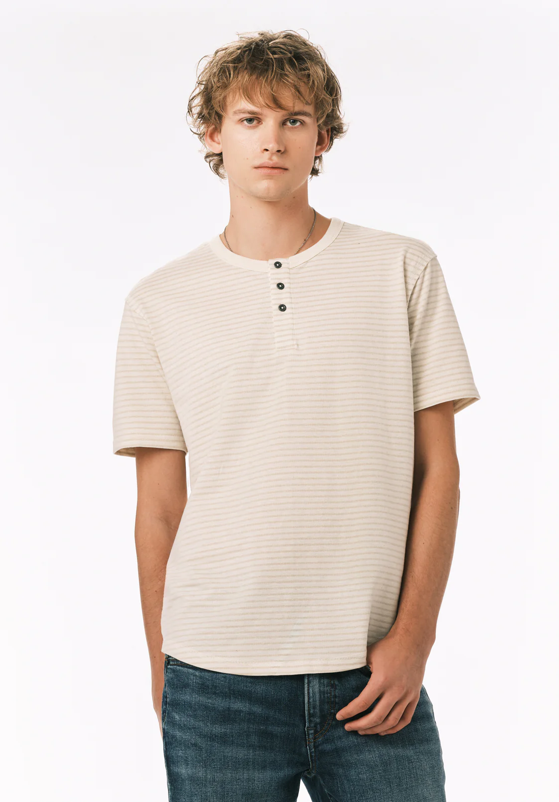 Kehlani Men’s Striped Short Sleeve Henley, Milk - BM24760 - Image 2