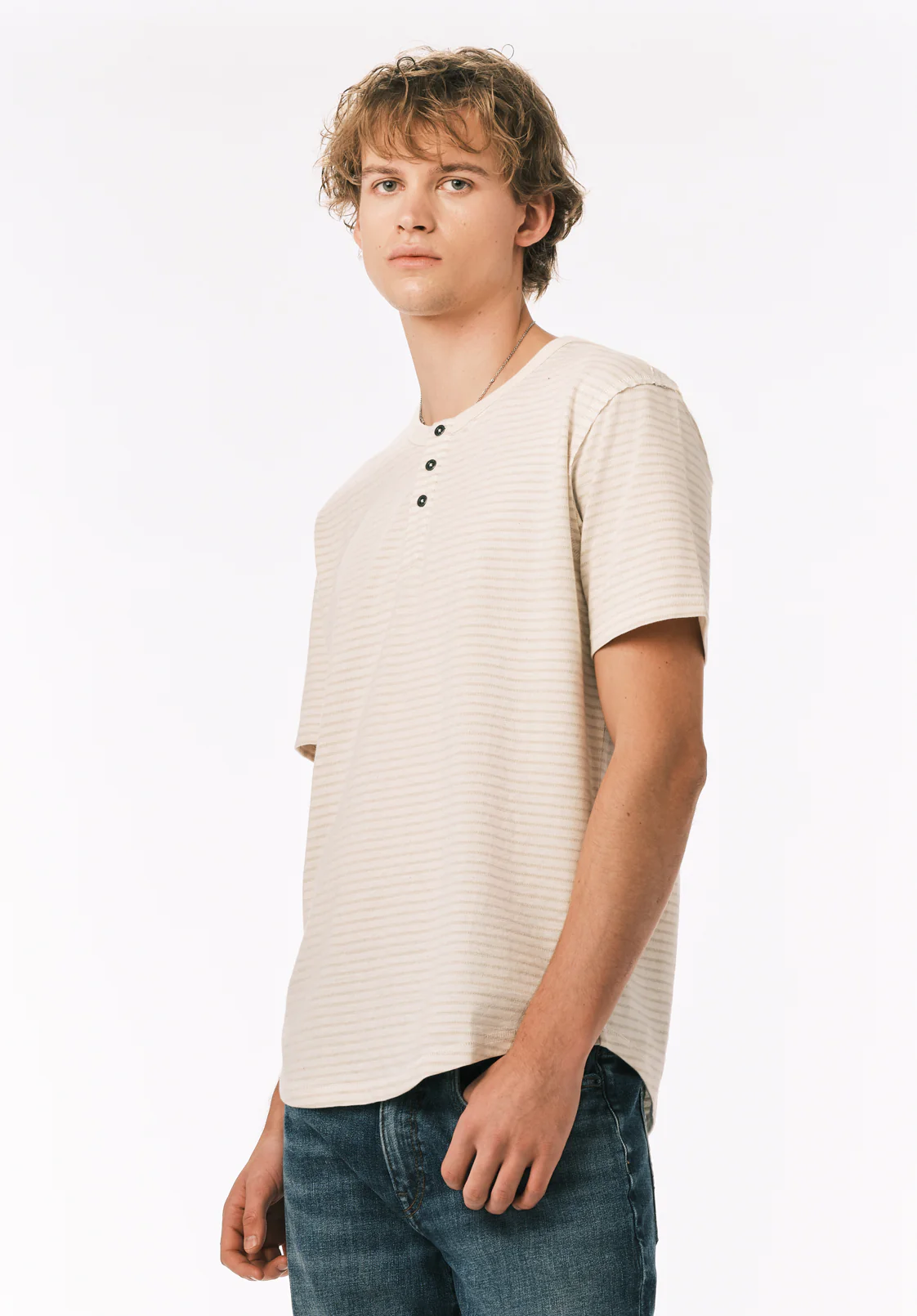 Kehlani Men’s Striped Short Sleeve Henley, Milk - BM24760 - Image 3