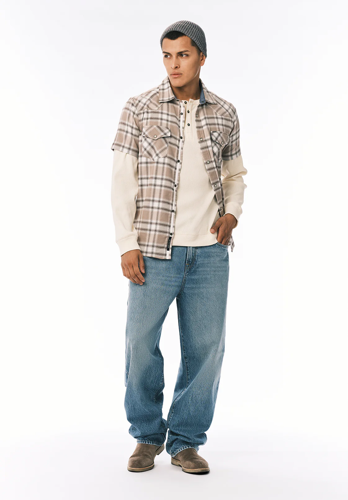 Kendro Men’s Long-Sleeve Henley Top, Buttercream - BM24762