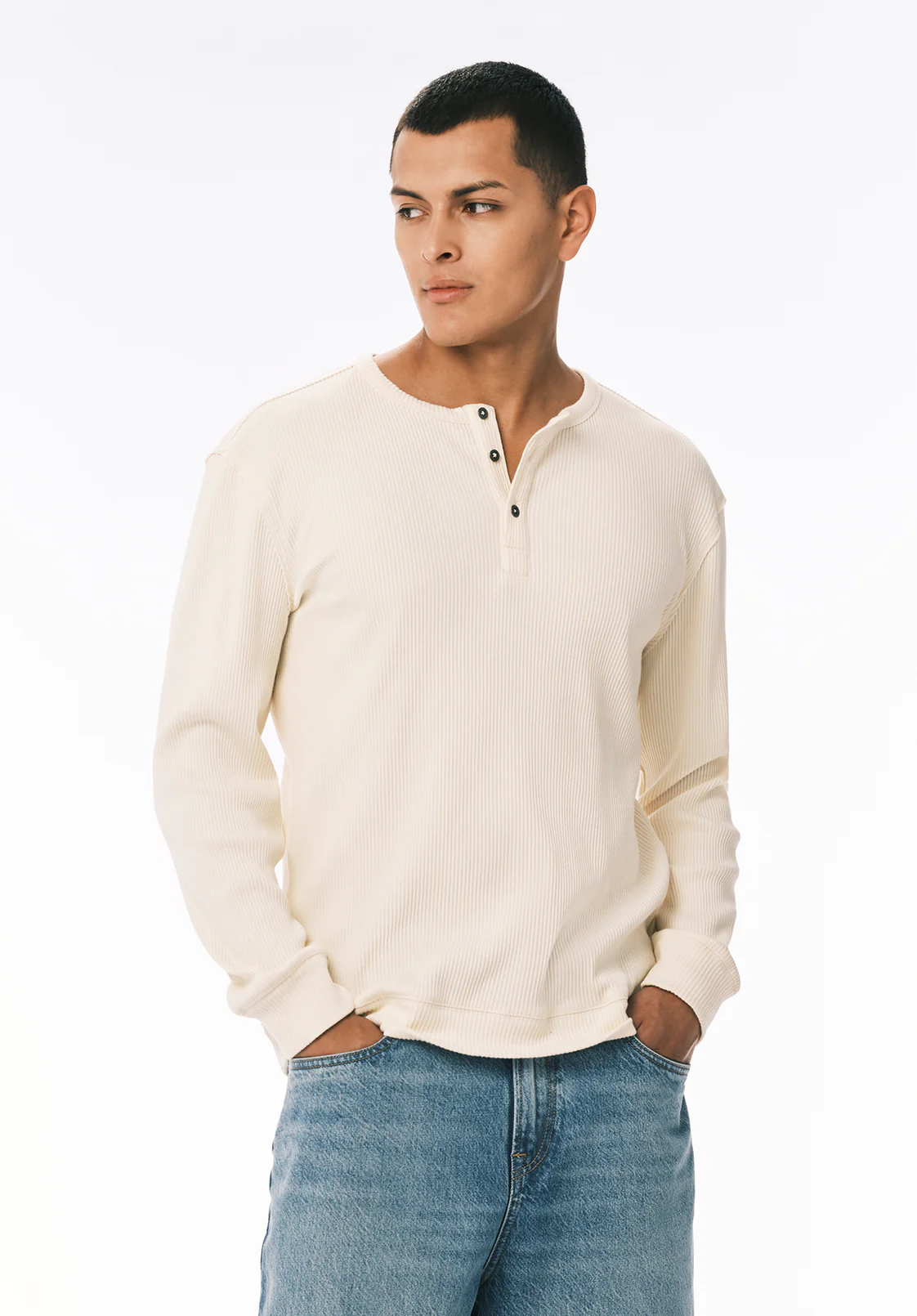 Kendro Men’s Long-Sleeve Henley Top, Buttercream - BM24762 - Image 2