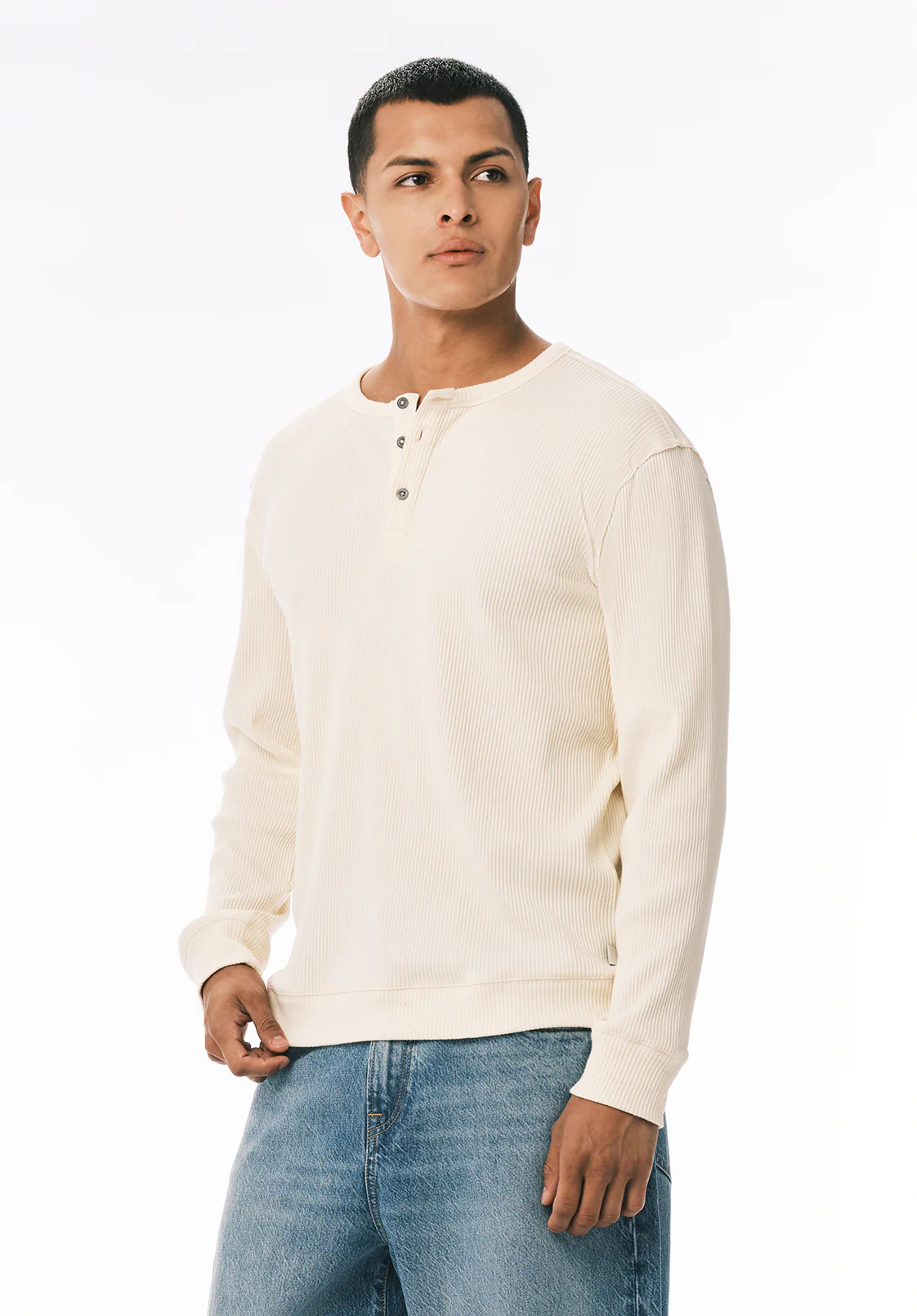 Kendro Men’s Long-Sleeve Henley Top, Buttercream - BM24762 - Image 3