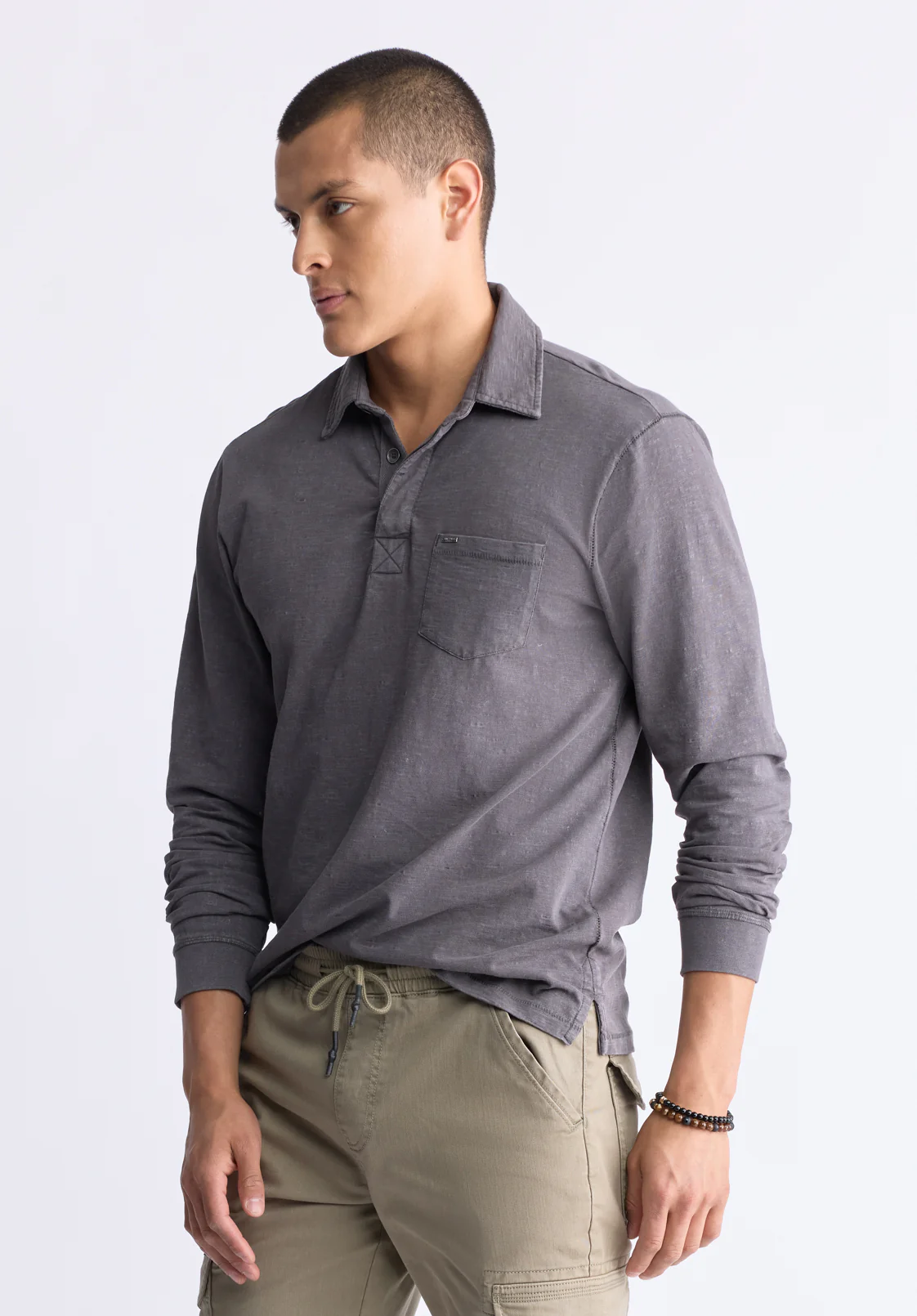 Kimmy Men's Long-Sleeve Polo with Pocket, Charcoal - BM24378 - Image 3