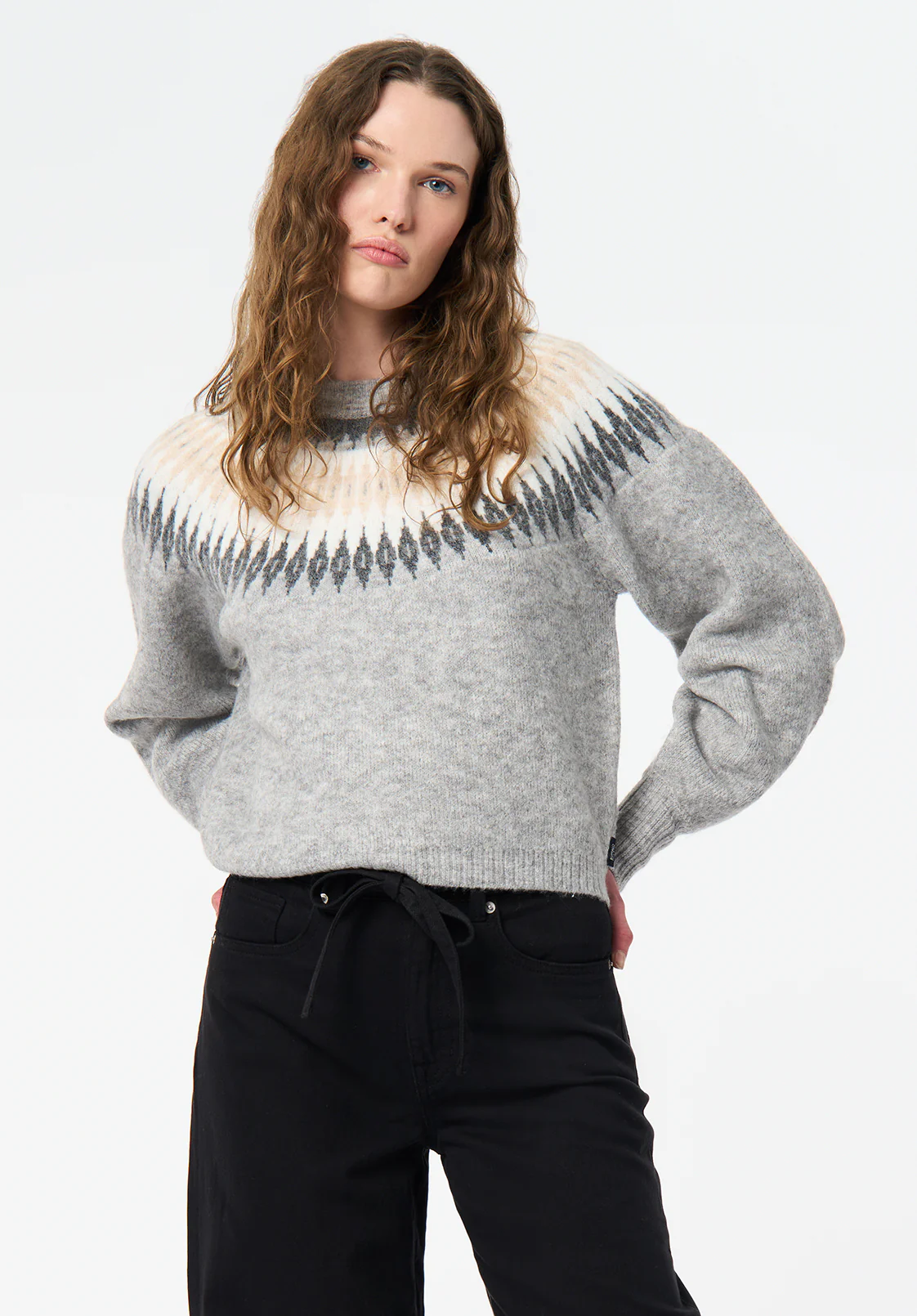 Kindra Women's Fair Isle Crew Neck Knit Sweater, Lt Hr Grey - SW0158 - Image 2