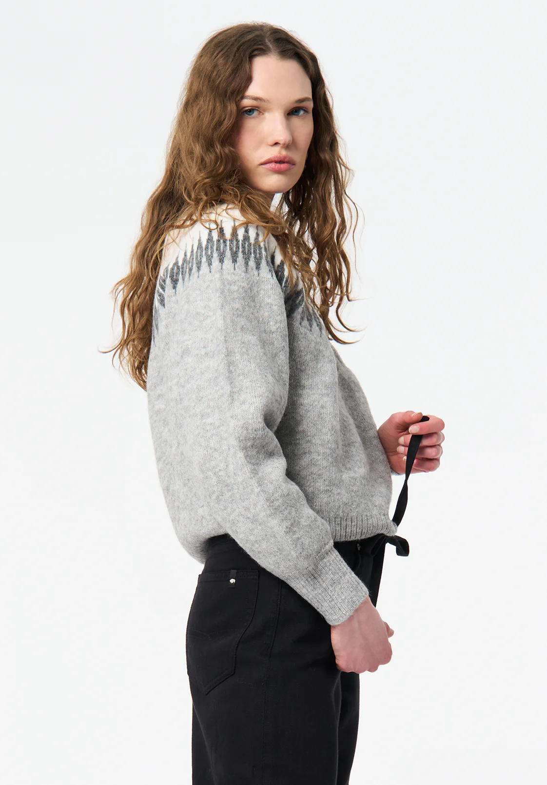 Kindra Women's Fair Isle Crew Neck Knit Sweater, Lt Hr Grey - SW0158 - Image 3