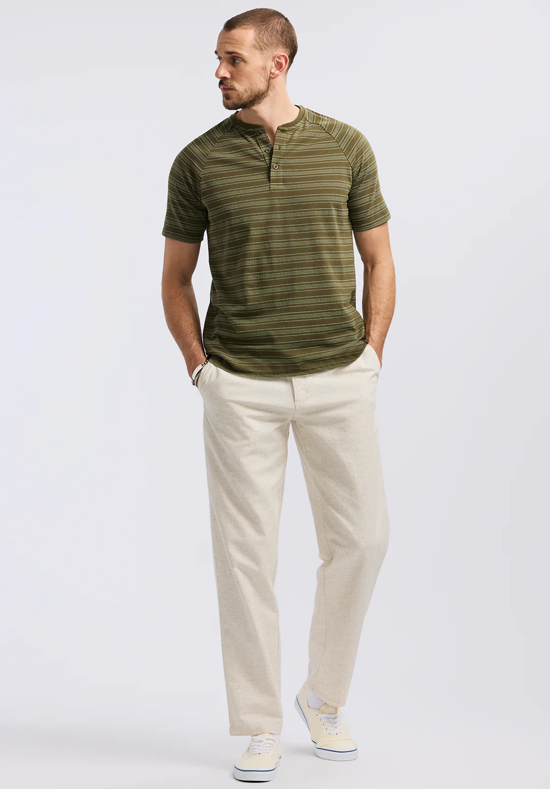 Klaus Men's Short-Sleeve Striped Henley Top, Fern - BM24630