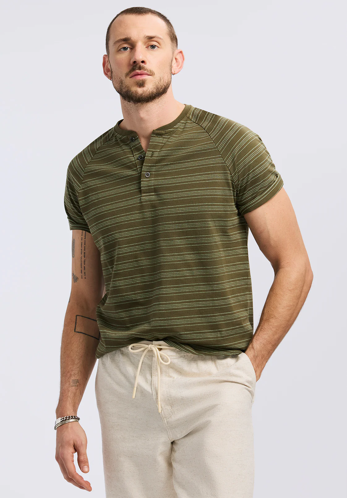 Klaus Men's Short-Sleeve Striped Henley Top, Fern - BM24630 - Image 2