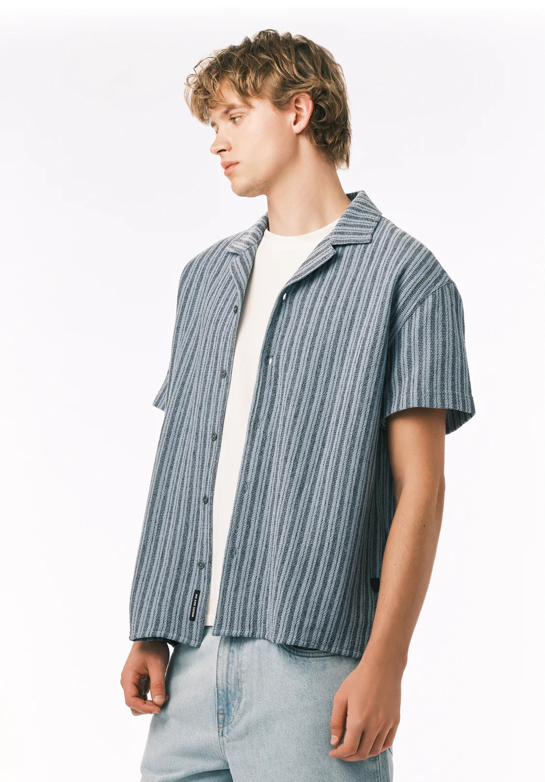 Koddy Men’s Textured Striped Short Sleeve Boxy Knit Shirt, Faded Denim - BM24869 - Image 3
