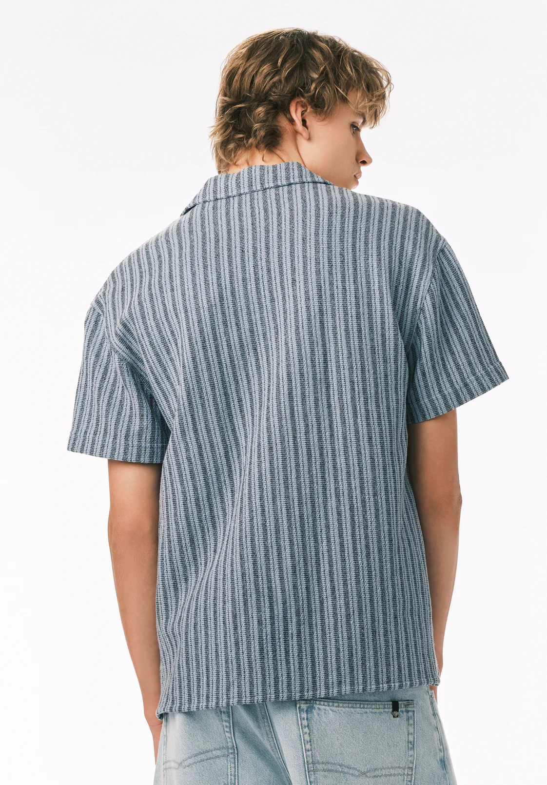 Koddy Men’s Textured Striped Short Sleeve Boxy Knit Shirt, Faded Denim - BM24869 - Image 4
