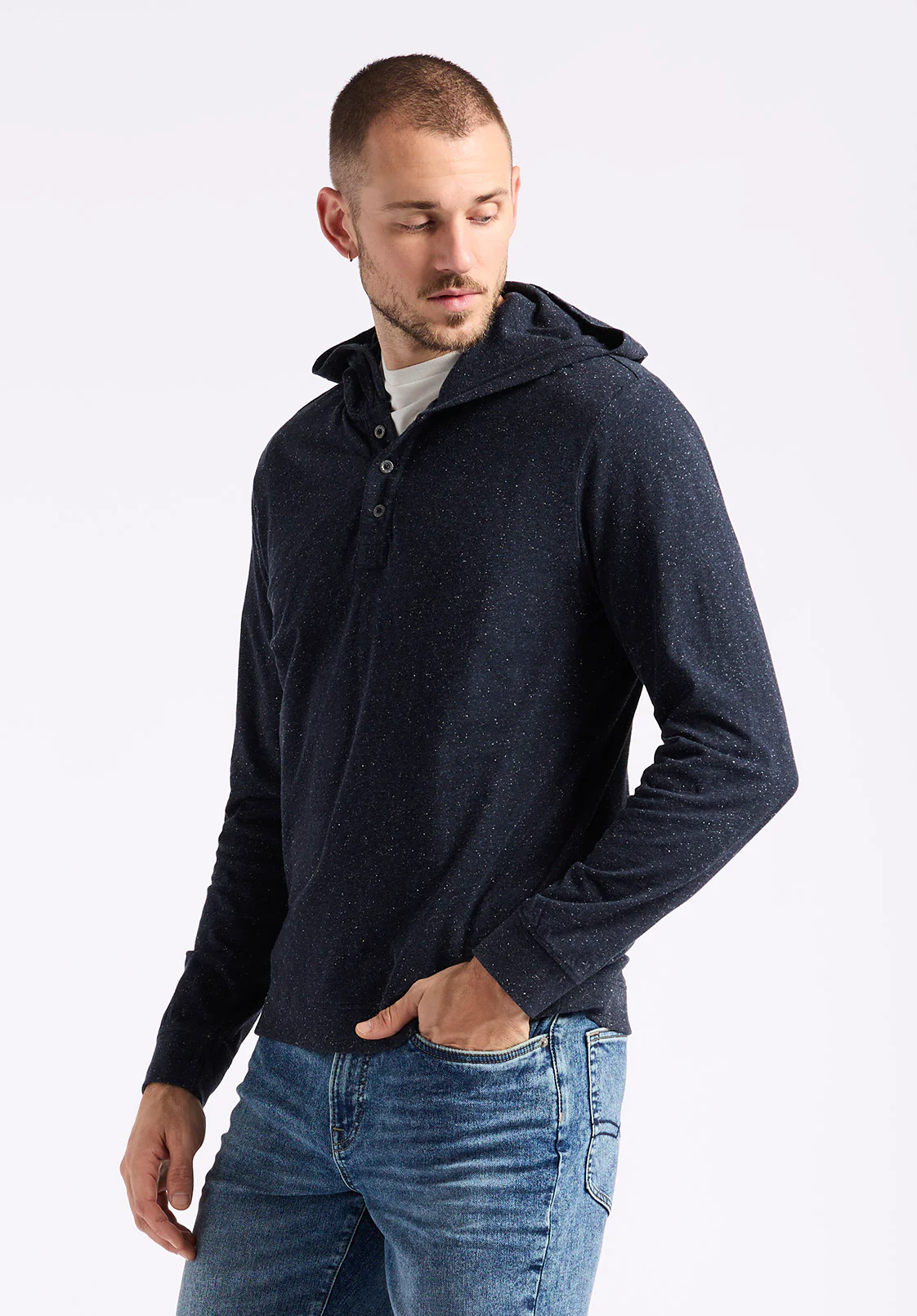 Kolder Men's Relaxed Fit Hooded Henley Top, Whale - BM24544 - Image 3