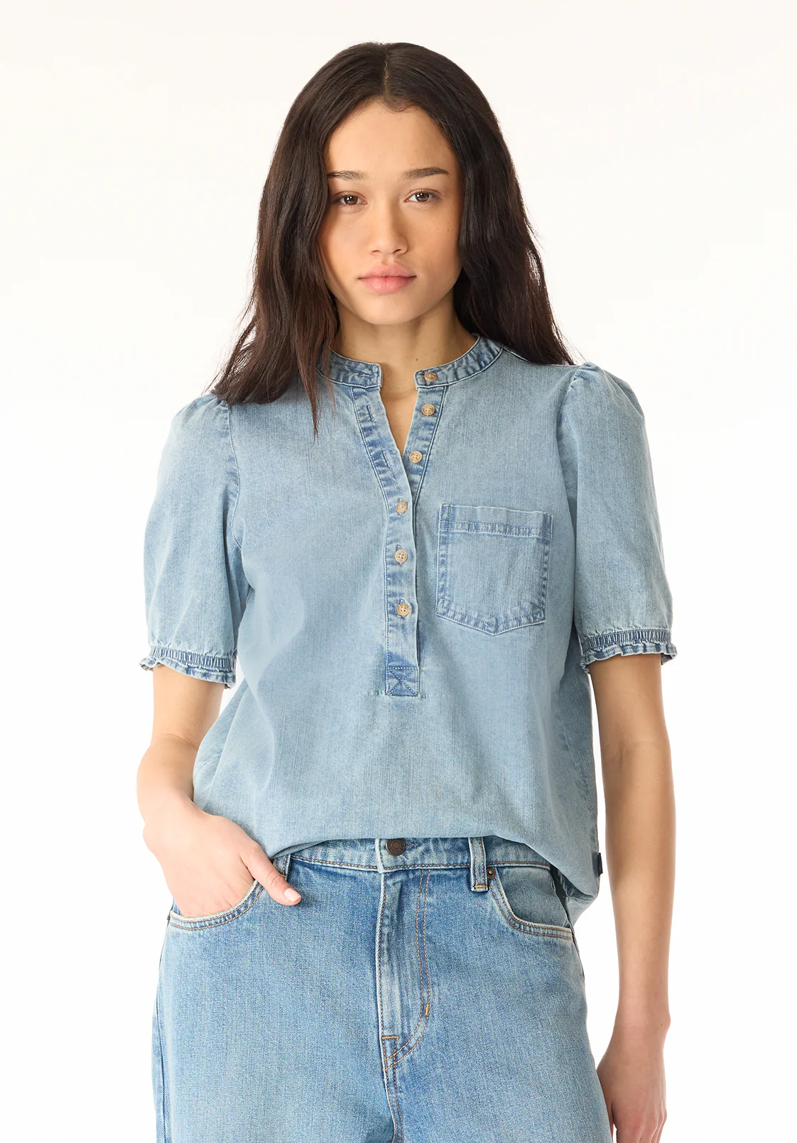 Lenore Women’s Puffed Sleeve Blouse, Classic Vintage Blue - WT0191P - Image 2