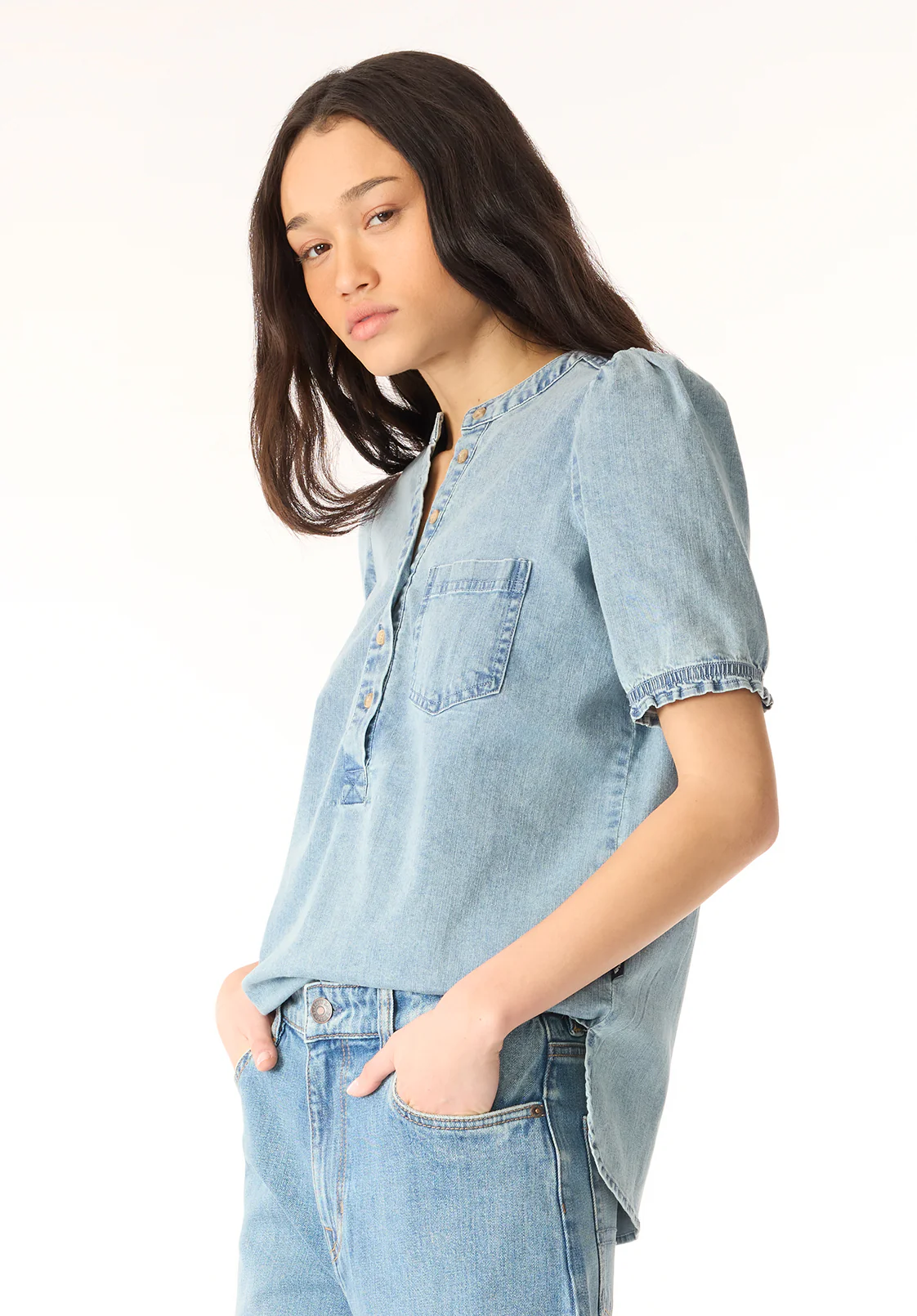 Lenore Women’s Puffed Sleeve Blouse, Classic Vintage Blue - WT0191P - Image 3