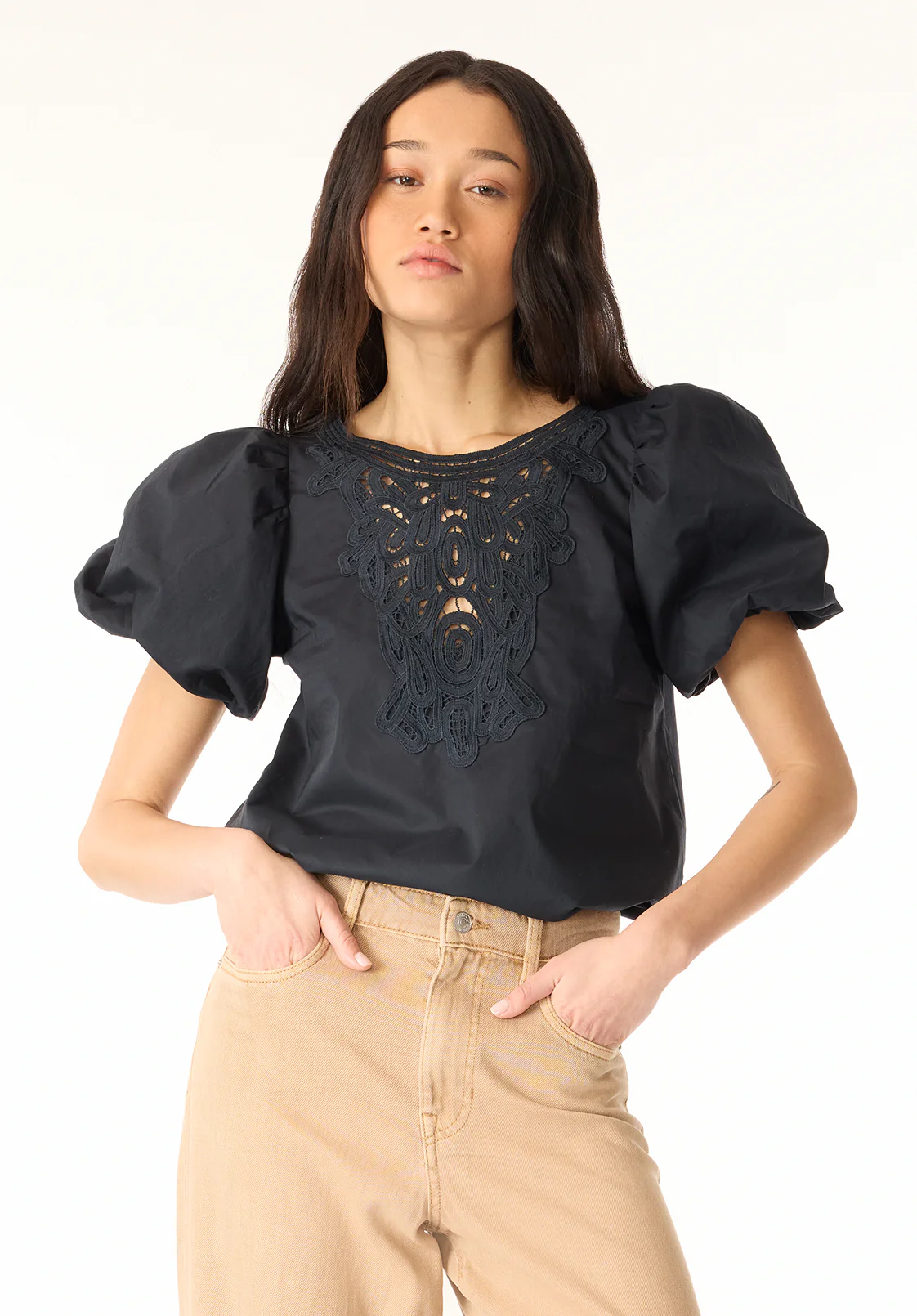Leonella Women's Puff Sleeve Embroidered Blouse, Black - WT0204P - Image 2