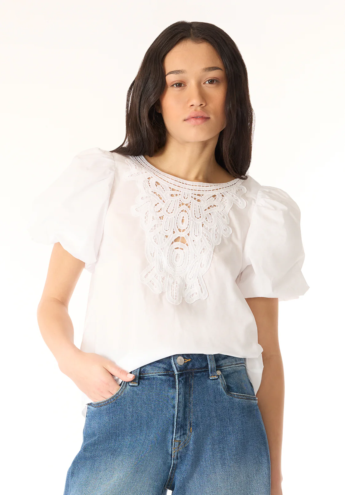 Leonella Women's Puff Sleeve Embroidered Blouse, White - WT0204P - Image 2