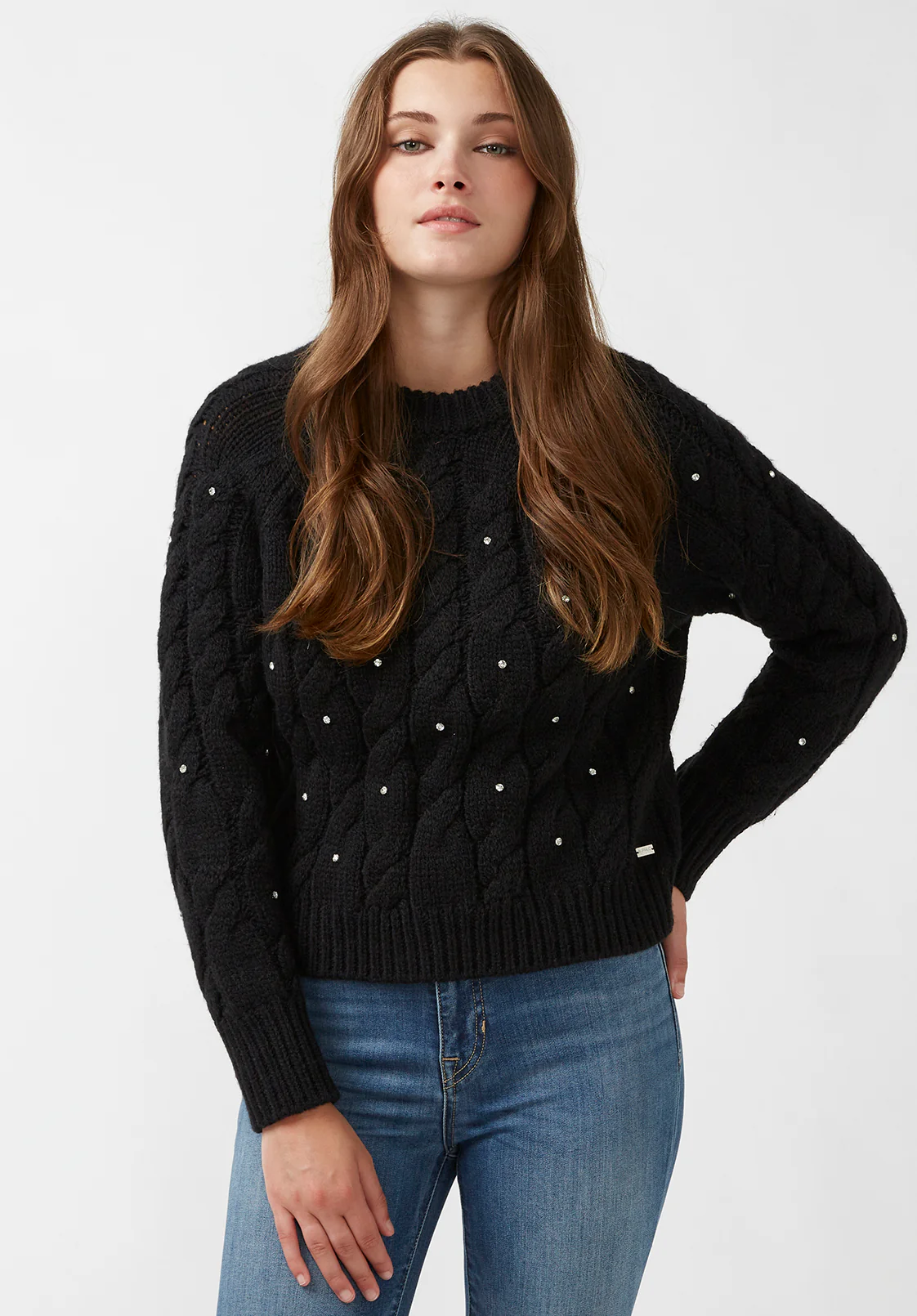 Magari Women's Long Sleeve Crewneck Cable Sweater in Black - SW0030H - Image 2