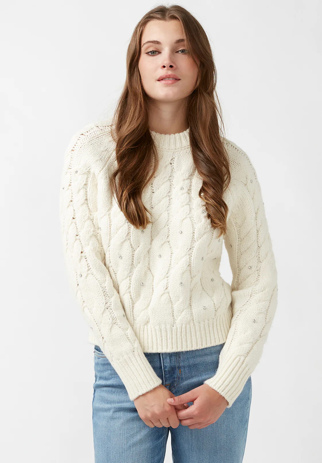 Magari Women's Long Sleeve Crewneck Cable Sweater in Ivory - SW0030H - Image 2