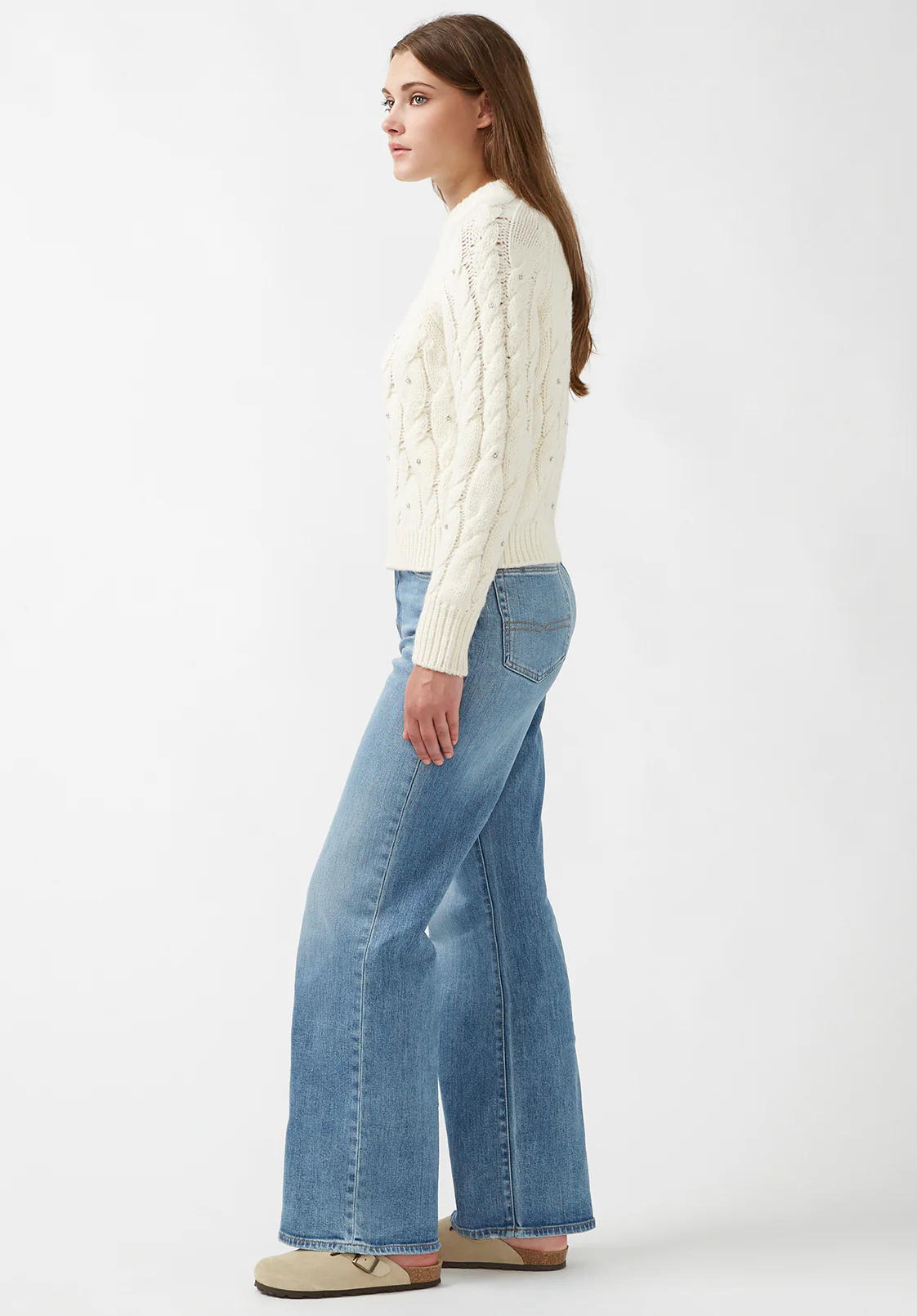 Magari Women's Long Sleeve Crewneck Cable Sweater in Ivory - SW0030H - Image 4