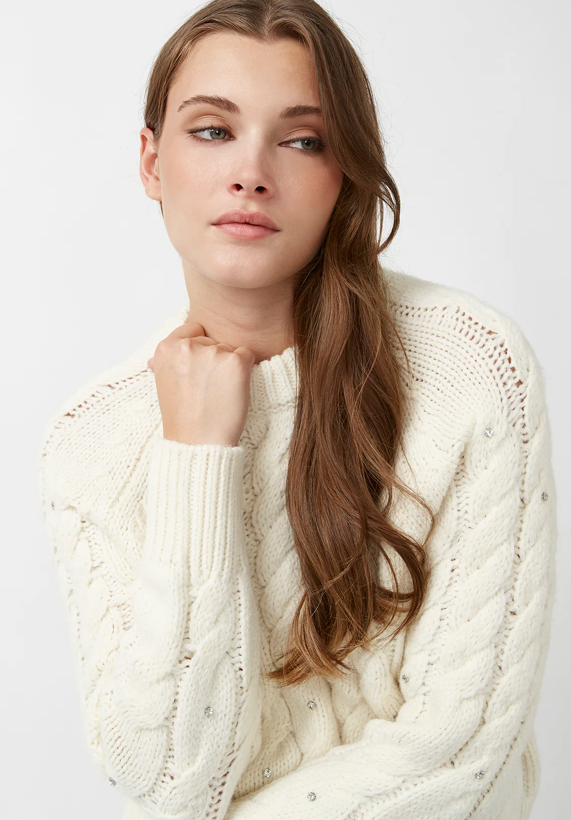 Magari Women's Long Sleeve Crewneck Cable Sweater in Ivory - SW0030H - Image 5