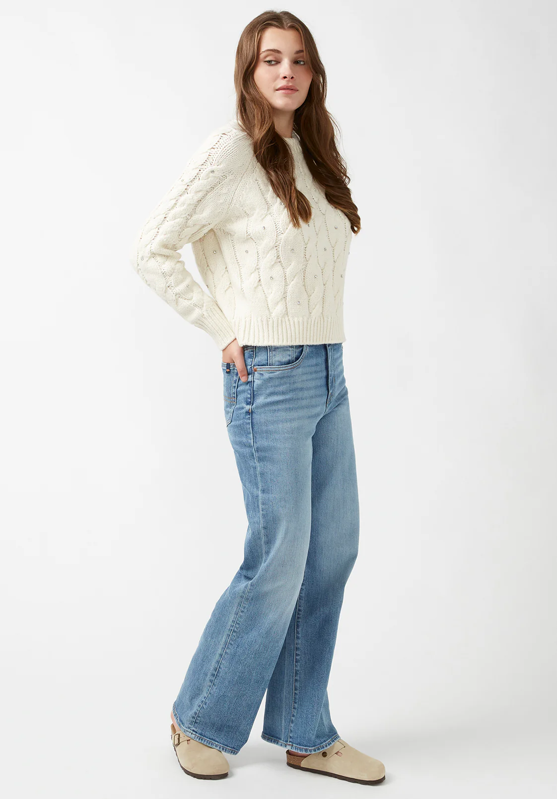 Magari Women's Long Sleeve Crewneck Cable Sweater in Ivory - SW0030H - Image 6