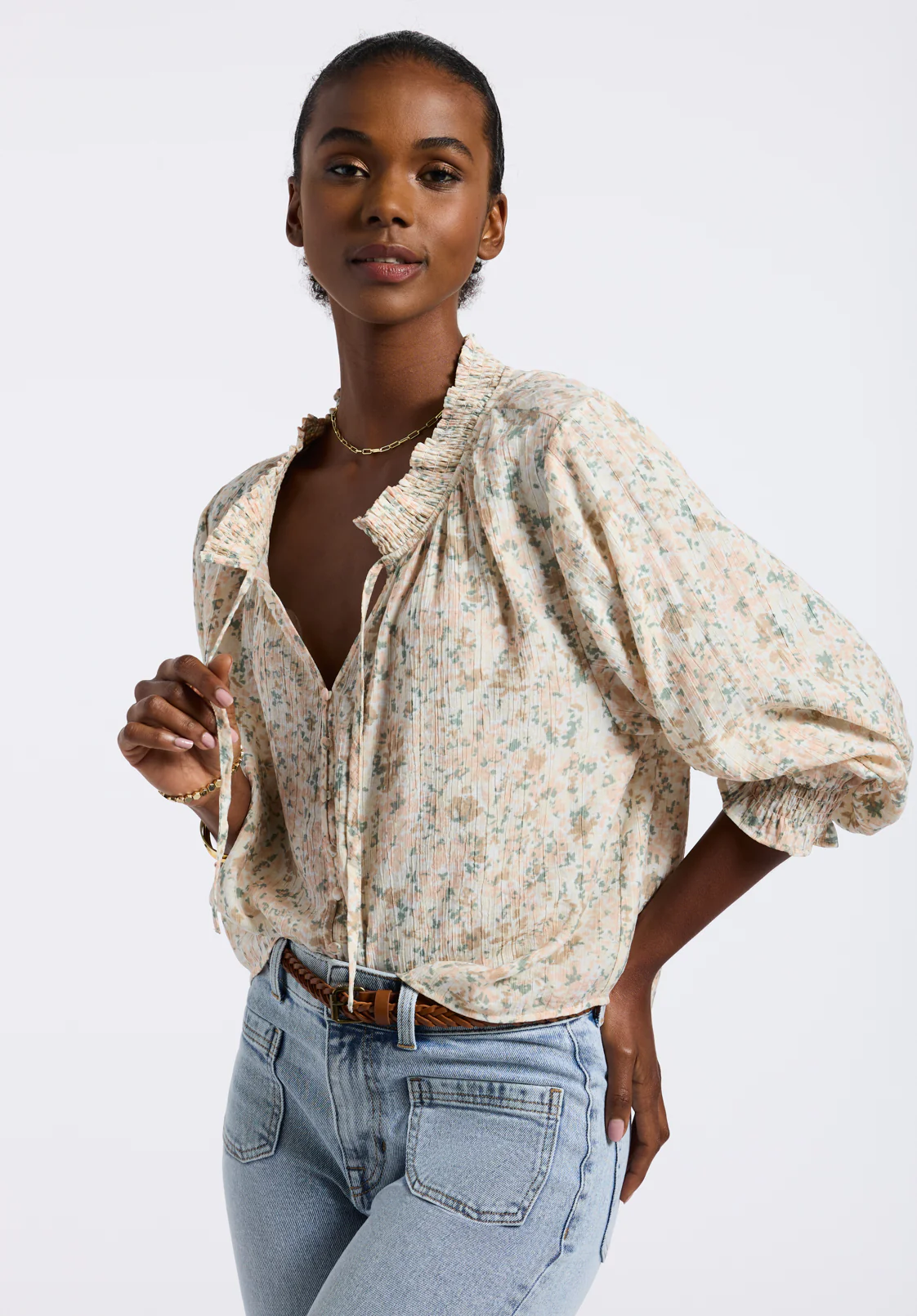 Maylah Women's Floral Print Long-Sleeve Smocked Blouse, Tan Floral - WT0174P - Image 2