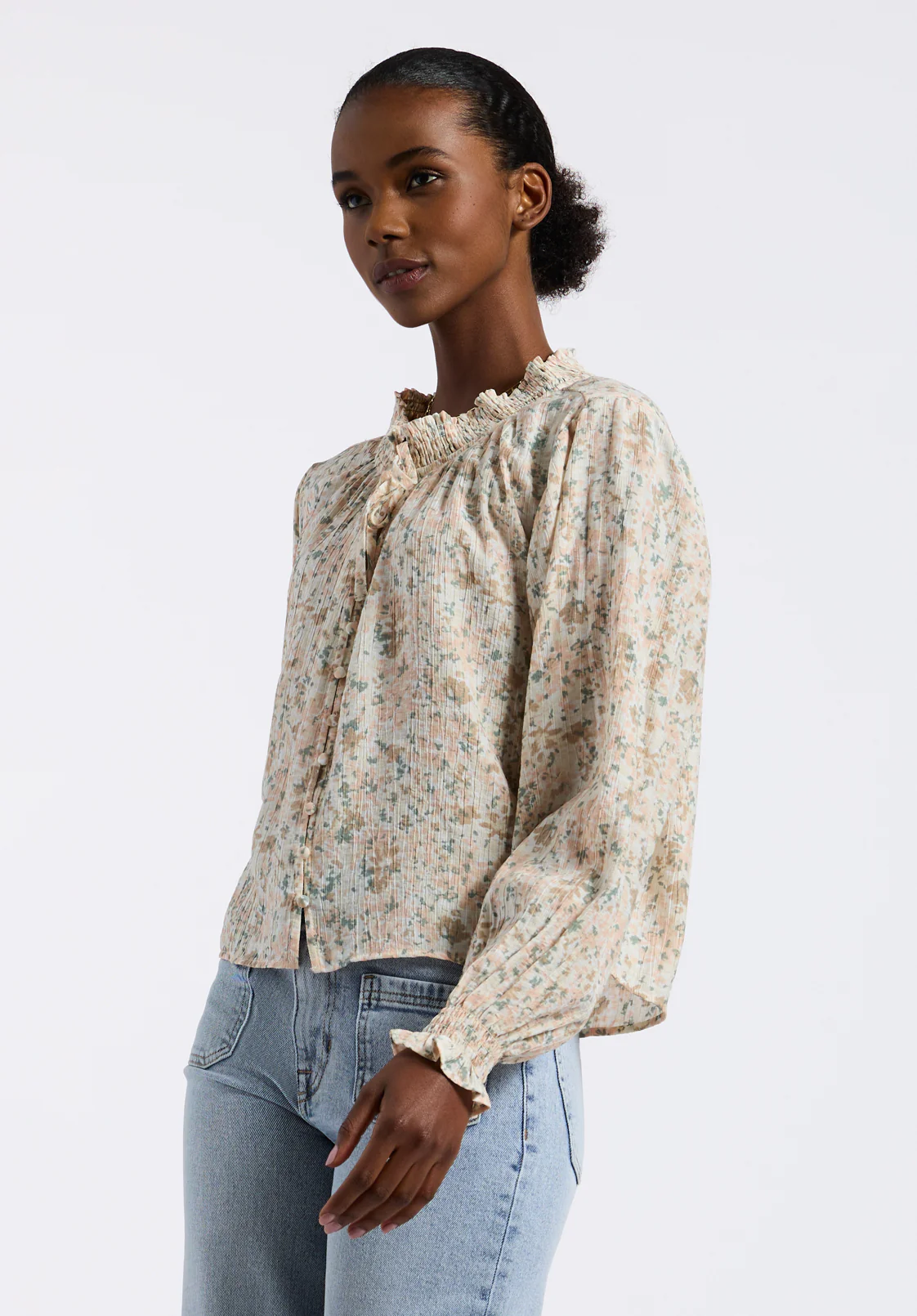 Maylah Women's Floral Print Long-Sleeve Smocked Blouse, Tan Floral - WT0174P - Image 3