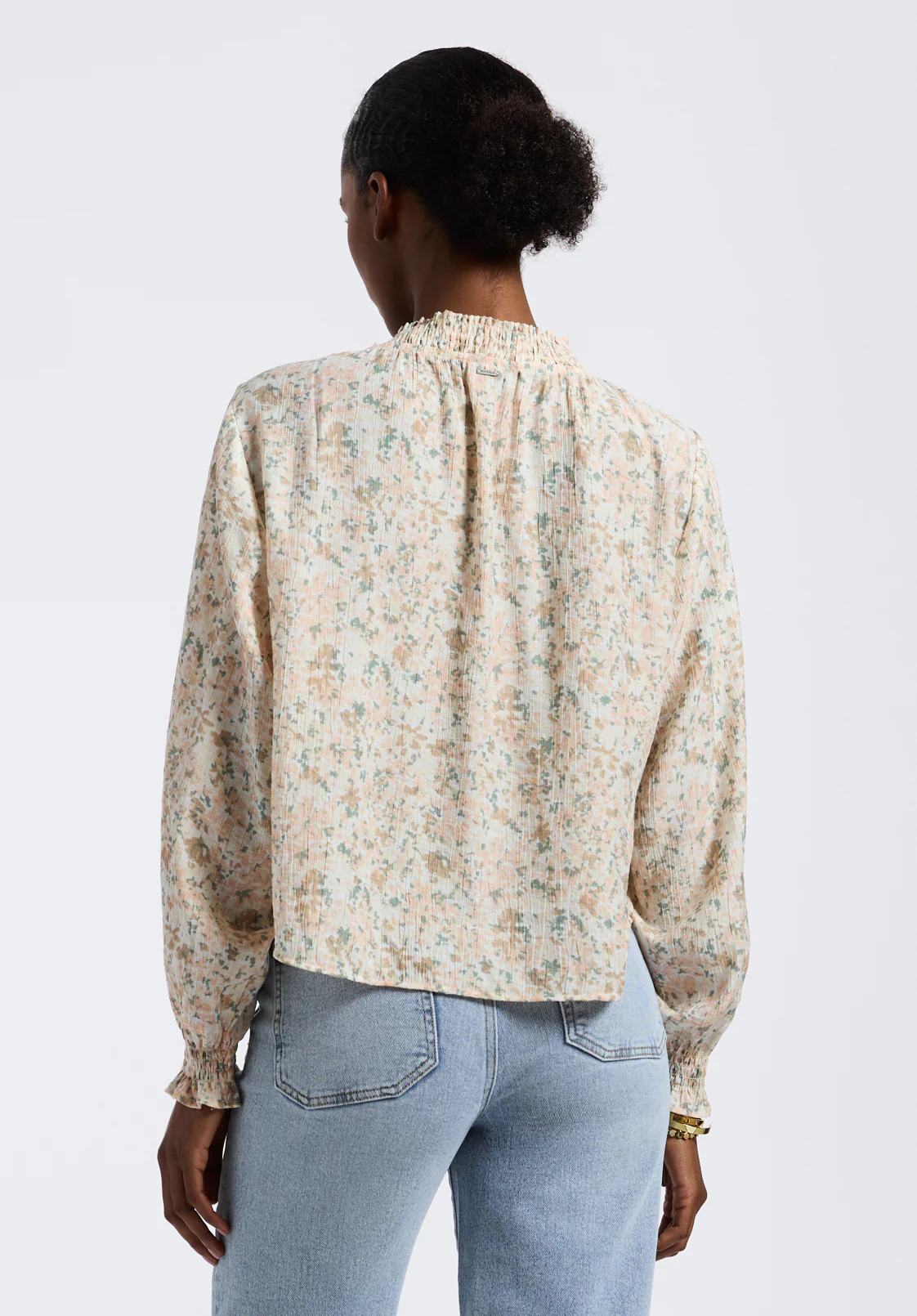 Maylah Women's Floral Print Long-Sleeve Smocked Blouse, Tan Floral - WT0174P - Image 4