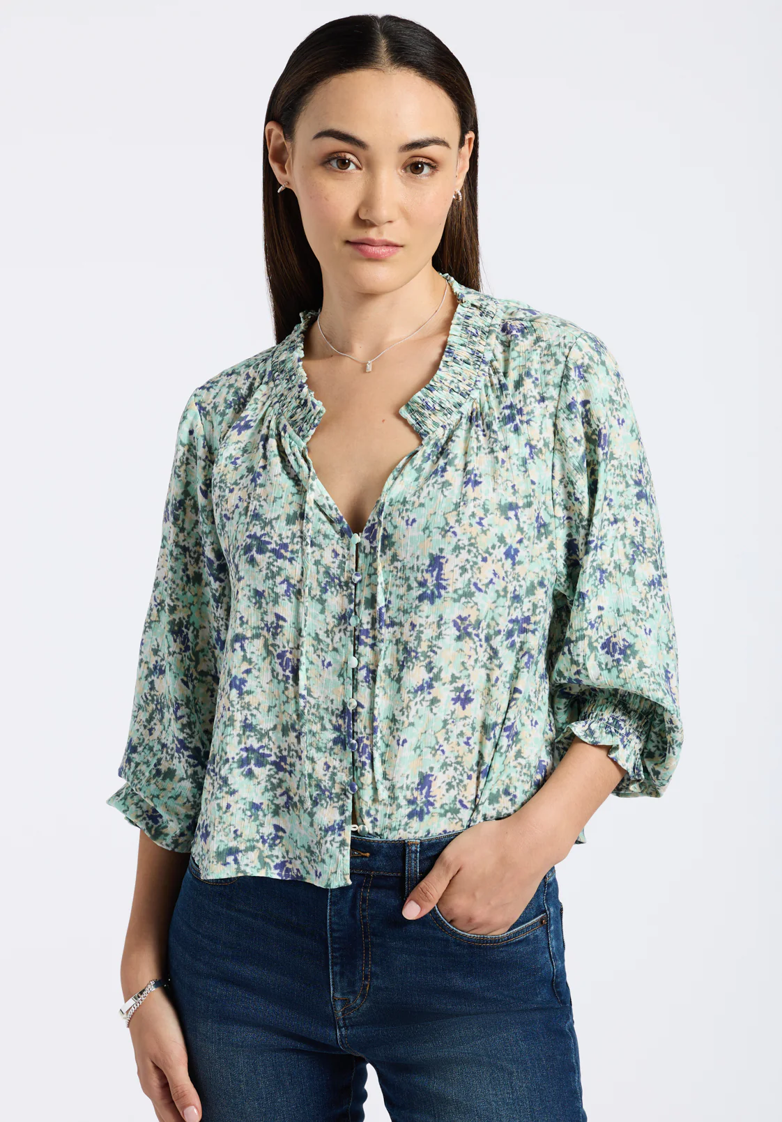 Maylah Women's Floral Print Long-Sleeve Smocked Blouse, Green Floral - WT0174P - Image 4