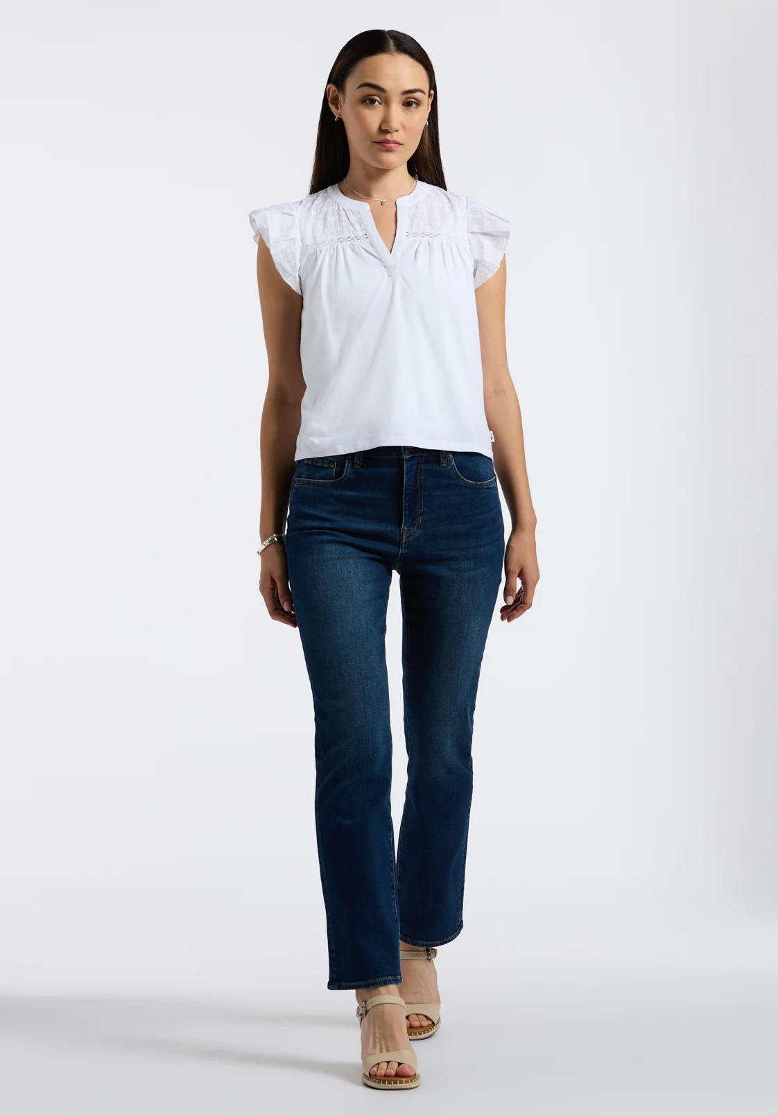 Mckaylie Women's Split Neck Flutter Sleeve Top with Embroidered Lace Details, White - KT0210P