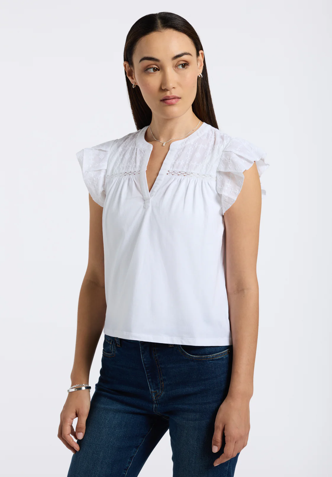 Mckaylie Women's Split Neck Flutter Sleeve Top with Embroidered Lace Details, White - KT0210P - Image 2