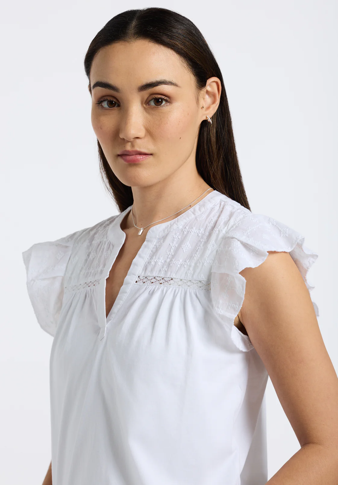 Mckaylie Women's Split Neck Flutter Sleeve Top with Embroidered Lace Details, White - KT0210P - Image 3