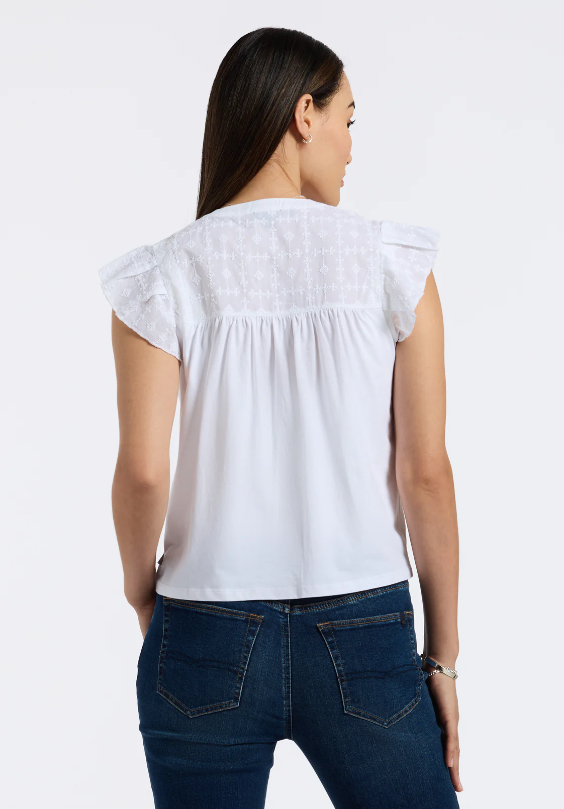 Mckaylie Women's Split Neck Flutter Sleeve Top with Embroidered Lace Details, White - KT0210P - Image 4