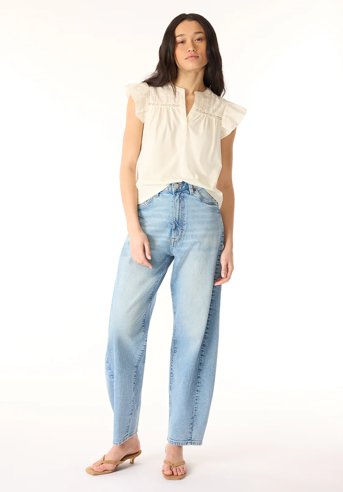 Mckaylie Women's Split Neck Flutter Sleeve Top with Embroidered Lace Details, Parchment - KT0210P