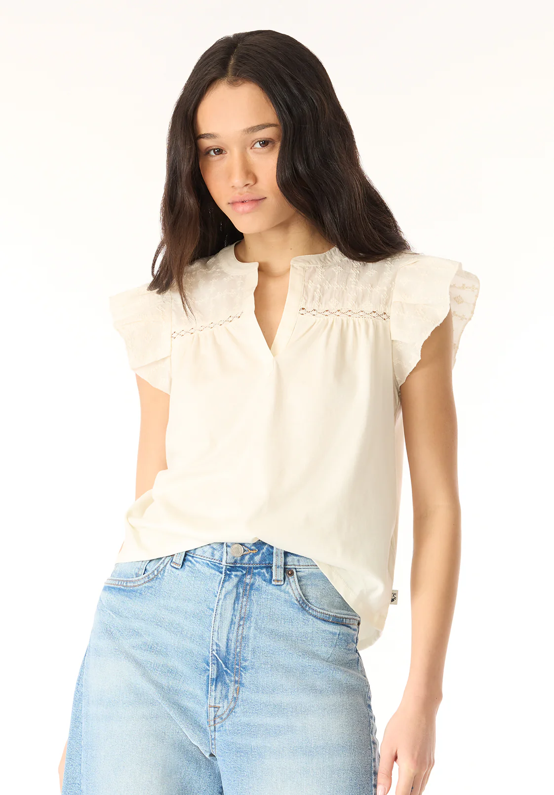 Mckaylie Women's Split Neck Flutter Sleeve Top with Embroidered Lace Details, Parchment - KT0210P - Image 2