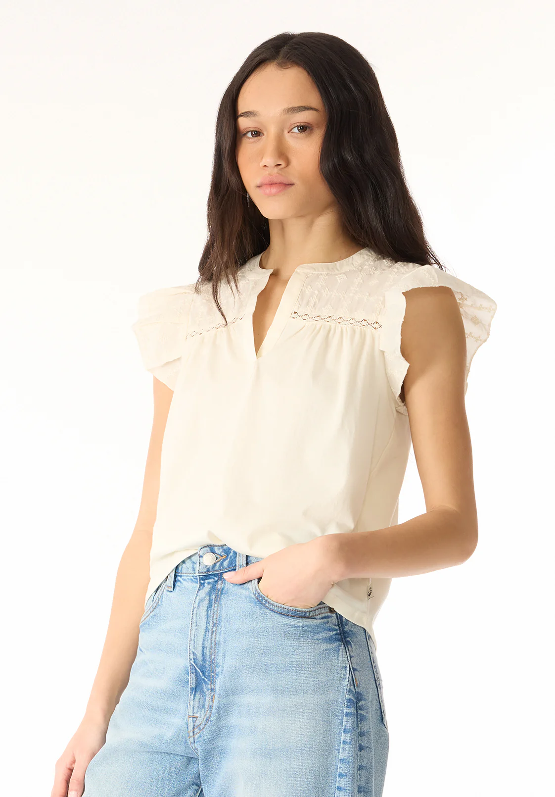 Mckaylie Women's Split Neck Flutter Sleeve Top with Embroidered Lace Details, Parchment - KT0210P - Image 3