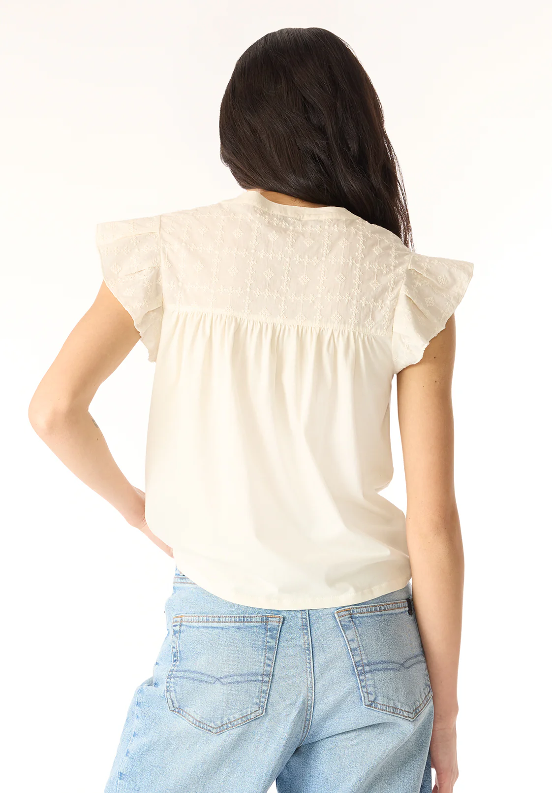 Mckaylie Women's Split Neck Flutter Sleeve Top with Embroidered Lace Details, Parchment - KT0210P - Image 4