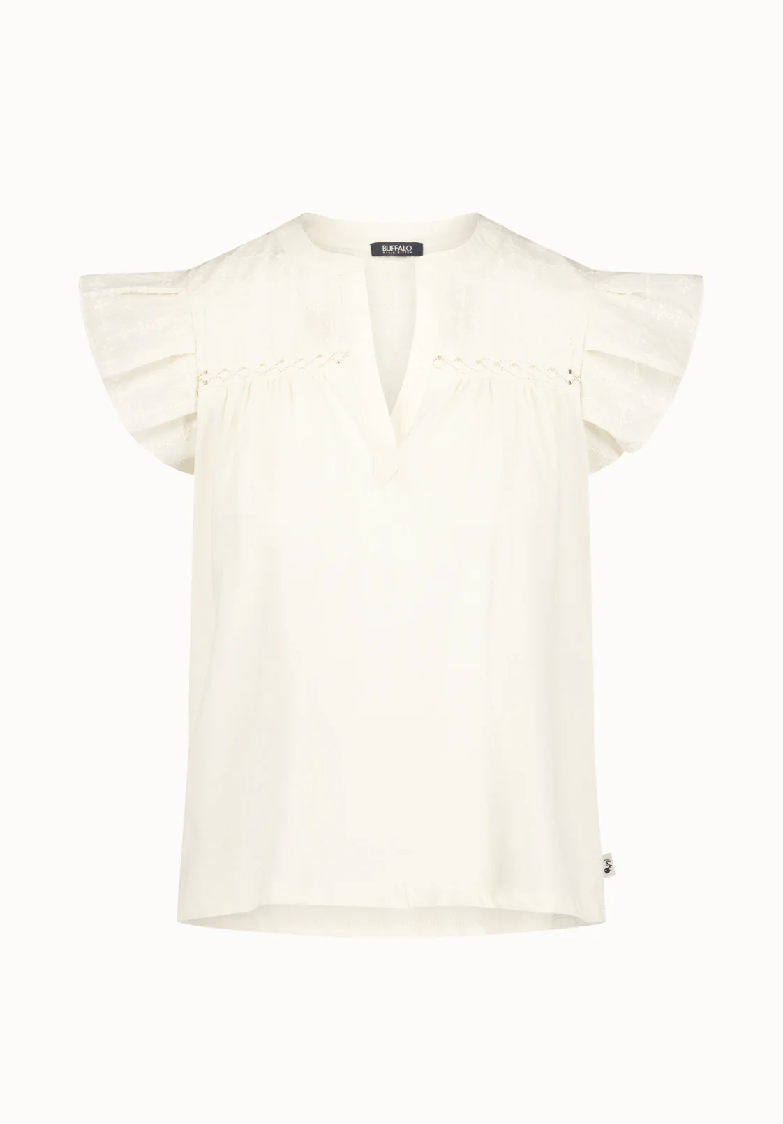 Mckaylie Women's Split Neck Flutter Sleeve Top with Embroidered Lace Details, Parchment - KT0210P - Image 5