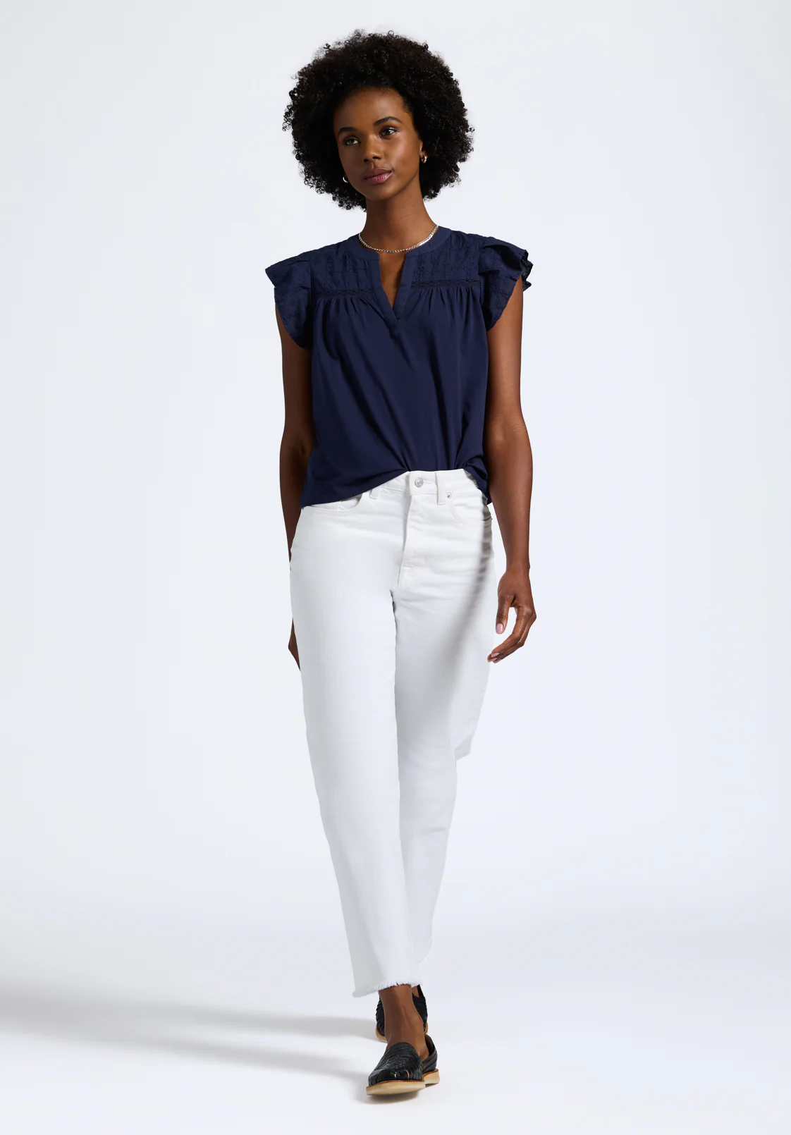 Mckaylie Women's Split Neck Flutter Sleeve Top with Embroidered Lace Details, Navy - KT0210P