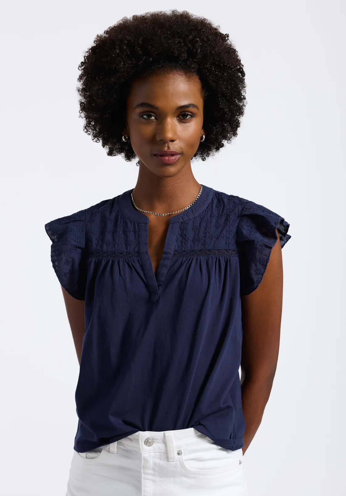 Mckaylie Women's Split Neck Flutter Sleeve Top with Embroidered Lace Details, Navy - KT0210P - Image 2