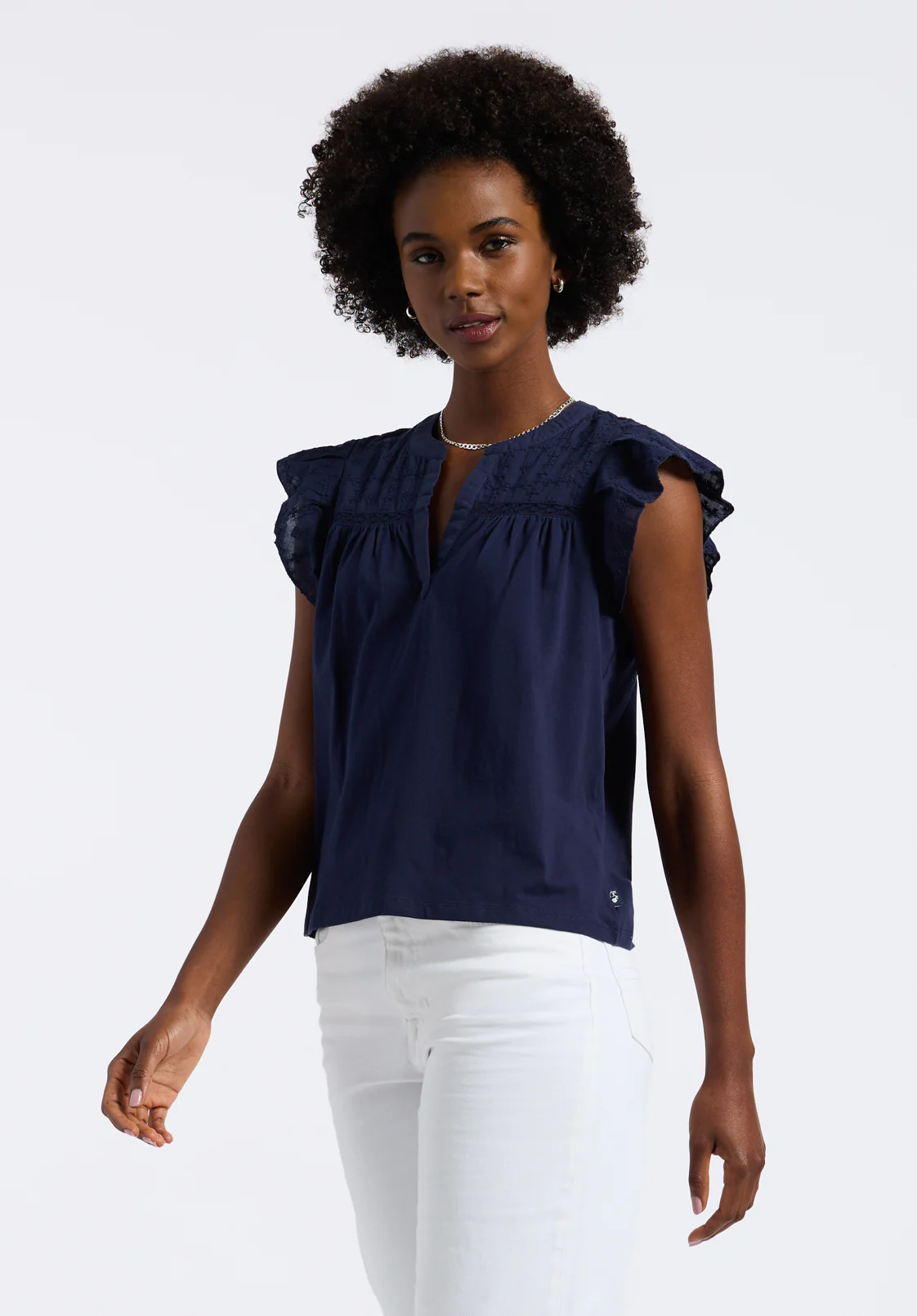 Mckaylie Women's Split Neck Flutter Sleeve Top with Embroidered Lace Details, Navy - KT0210P - Image 3