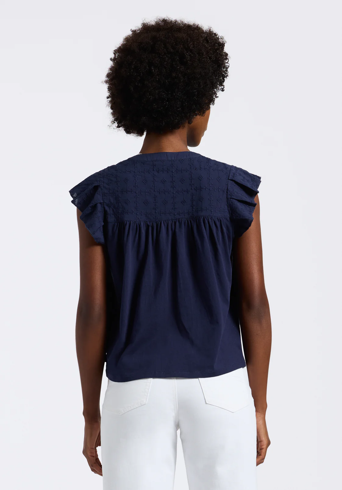 Mckaylie Women's Split Neck Flutter Sleeve Top with Embroidered Lace Details, Navy - KT0210P - Image 4