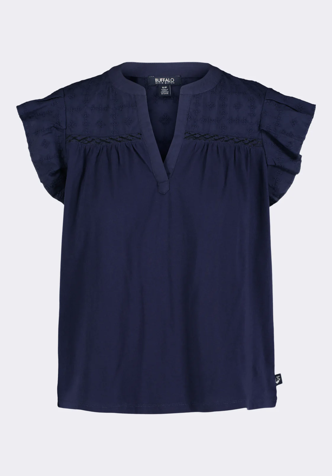 Mckaylie Women's Split Neck Flutter Sleeve Top with Embroidered Lace Details, Navy - KT0210P - Image 6